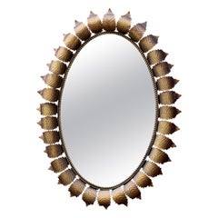 Large Oval Spanish 1950's Gilt Metal Sunburst Mirror