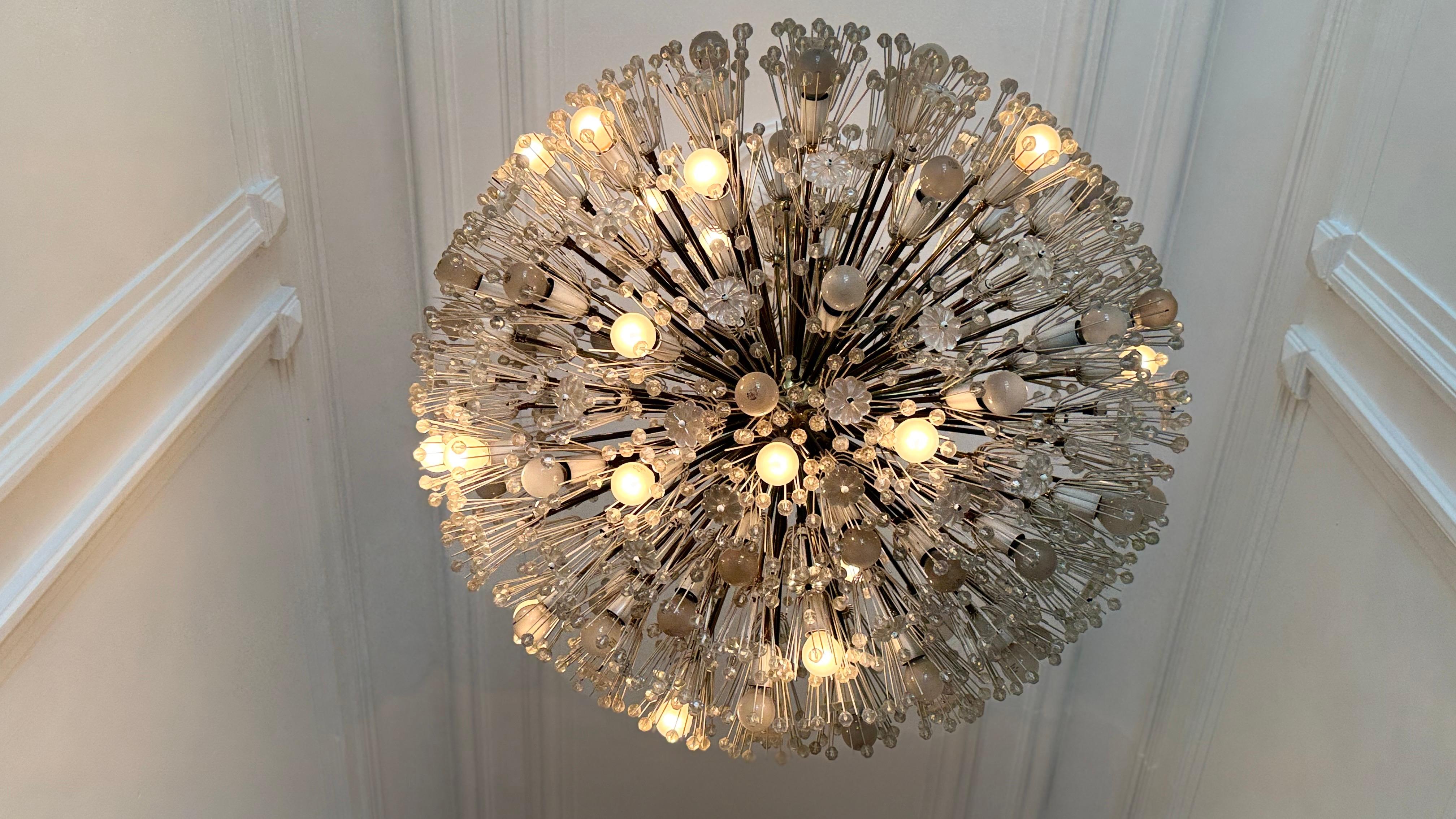 Mid-20th Century Large Oval Stejnar Flower Glass & Brass Chandelier, Austria, 1950s For Sale
