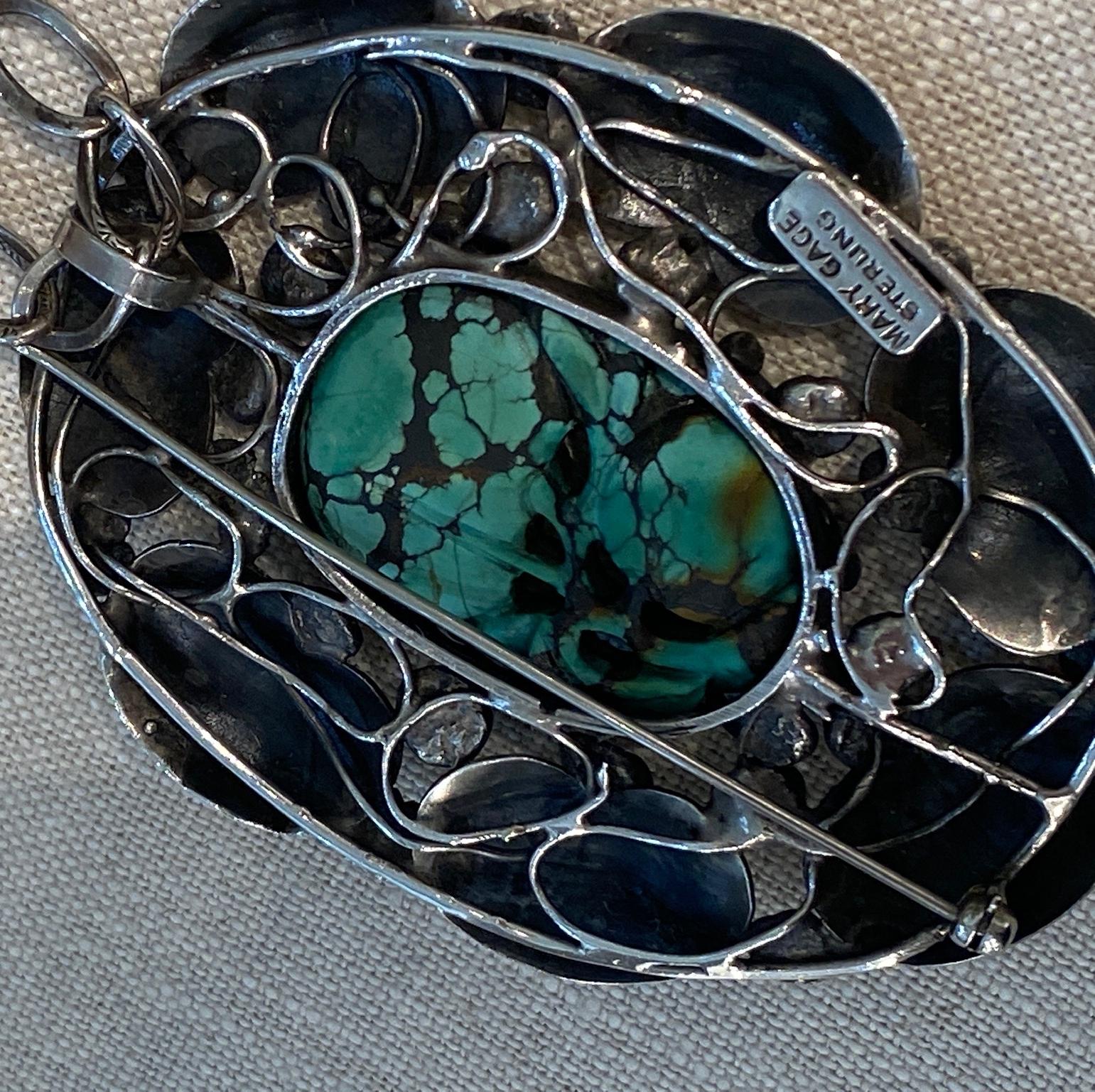 Large Oval Sterling and Natural Turquoise Brooch Pendant by Mary Gage 4