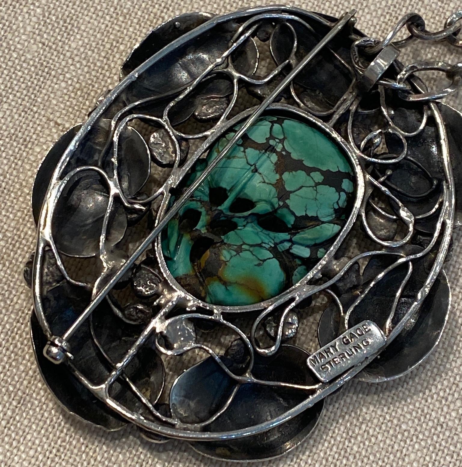Large Oval Sterling and Natural Turquoise Brooch Pendant by Mary Gage In Good Condition In Big Bend, WI