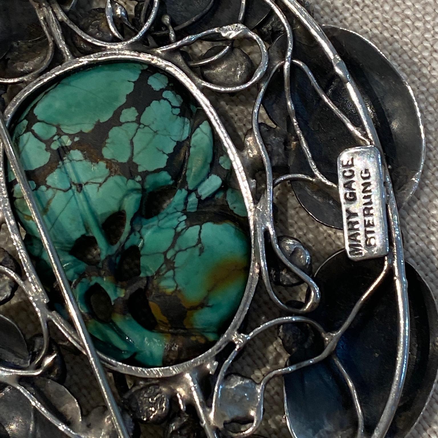 Women's Large Oval Sterling and Natural Turquoise Brooch Pendant by Mary Gage