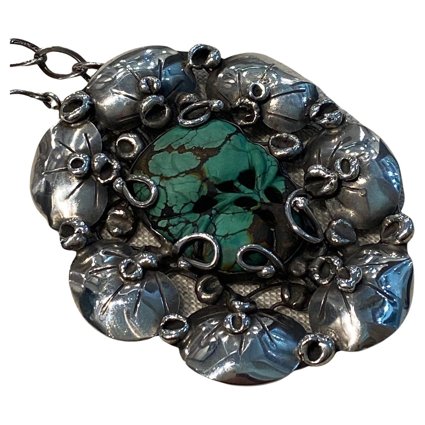 Large Oval Sterling and Natural Turquoise Brooch Pendant by Mary Gage