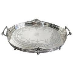 Large Oval Sterling Silver Hand Engraved Antique Gallery Tray, Mappin & Webb