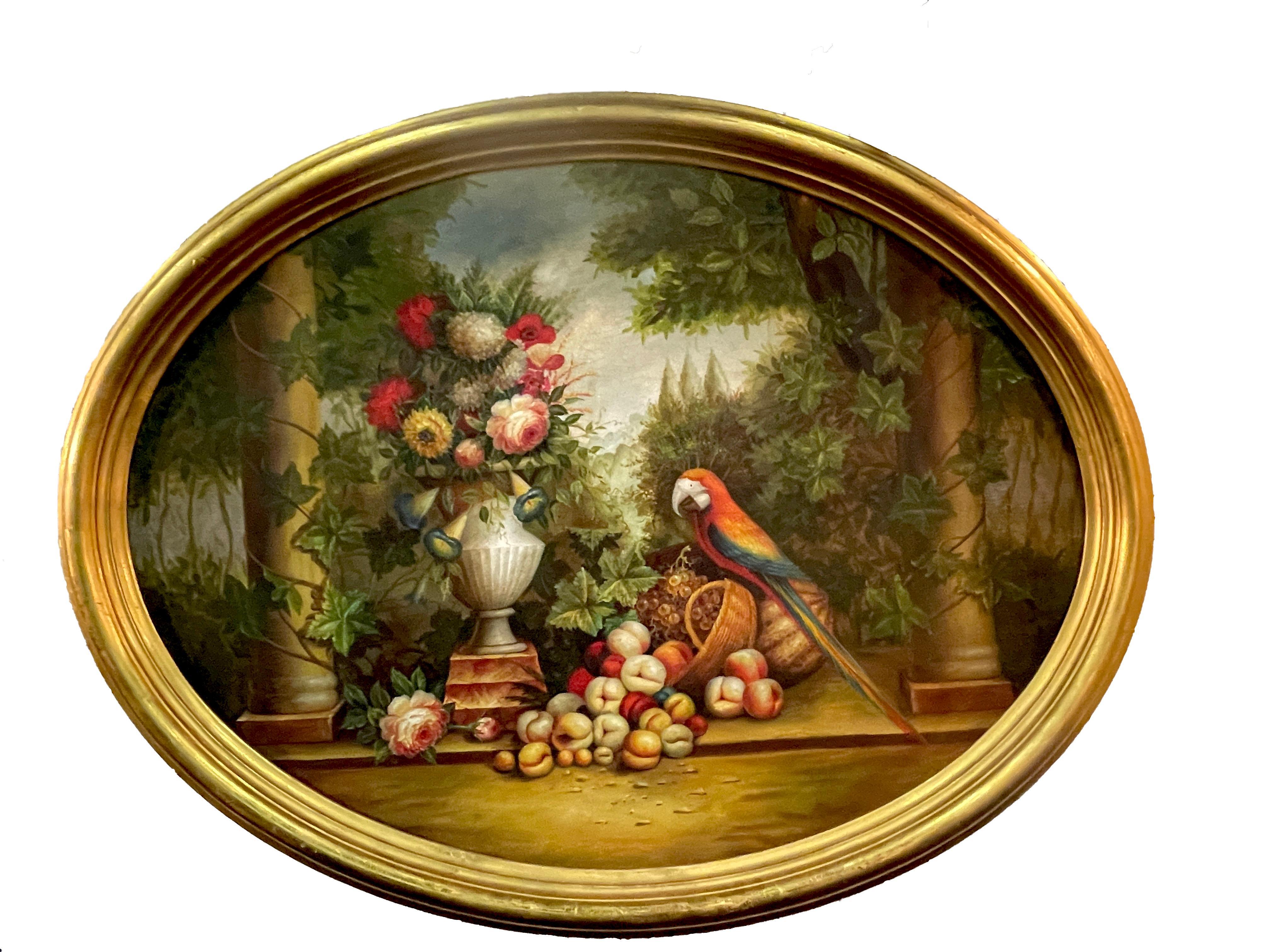 Large oval still life landscape, fruits, flowers & parrot, unsigned, Continental school
Vibrant, highly detailed, large scale, complete with a fine giltwood frame 
Giltwood frame 50