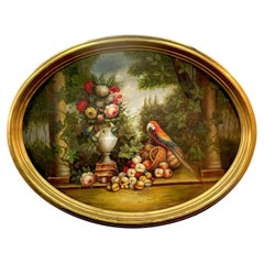 Large Oval Still Life Landscape, Fruits, Flowers & Parrot