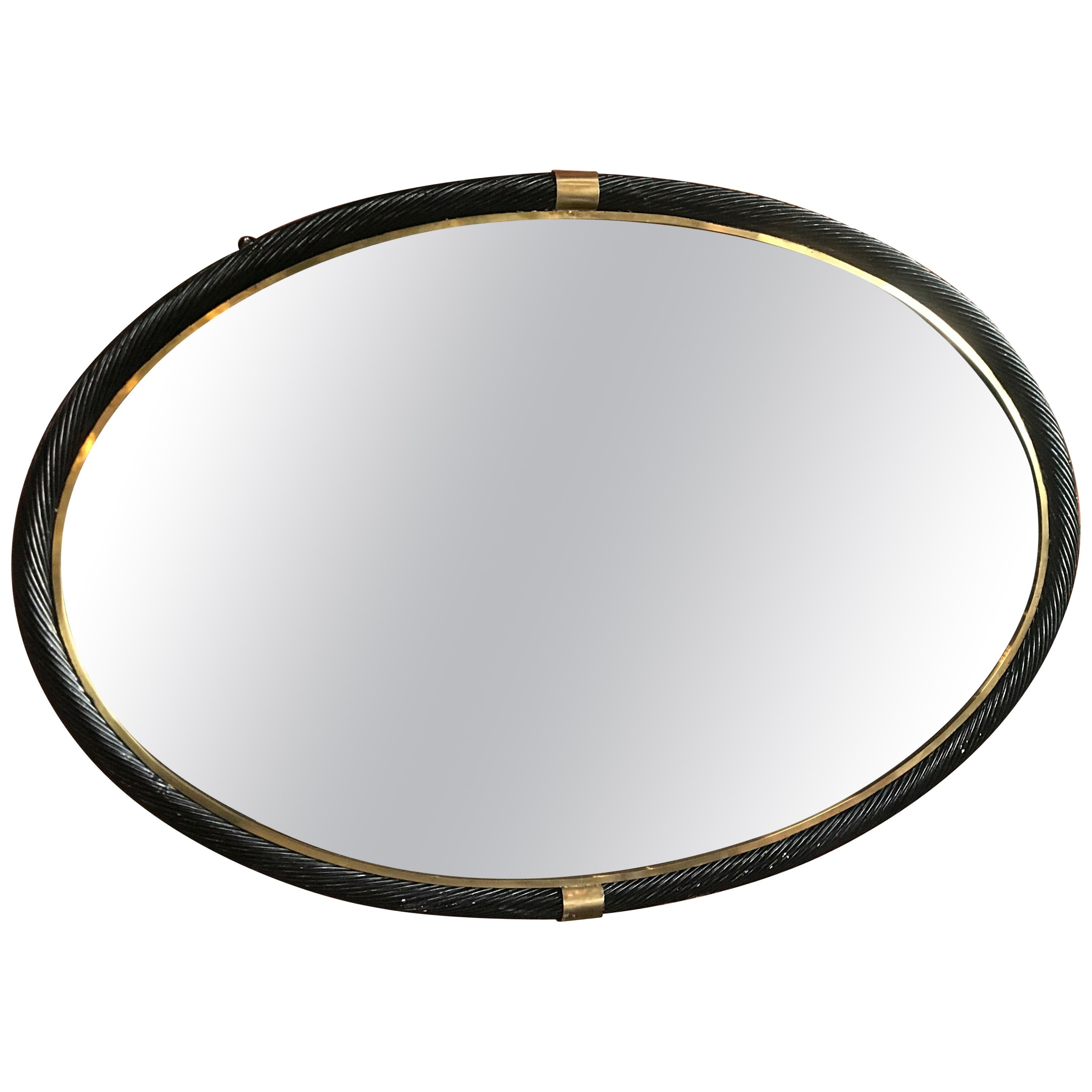 Large Oval Torch-On Frame Wall Mirror Brass, Italy, 1950s