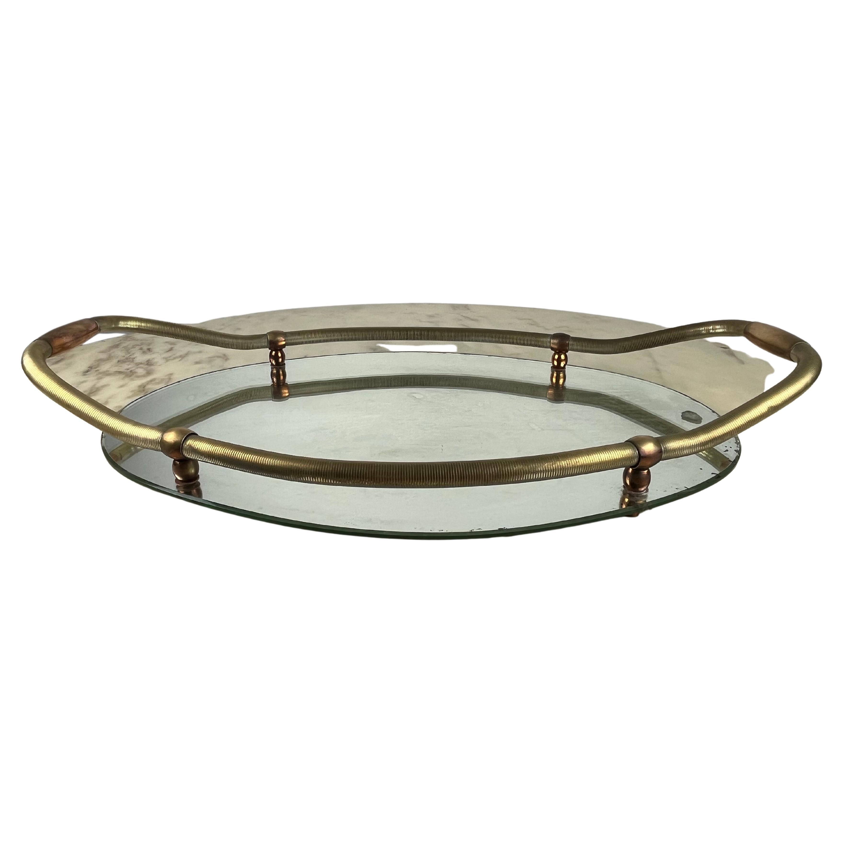 Italian Large Oval Tray in Brass and Mirror, Italy, 1940s For Sale