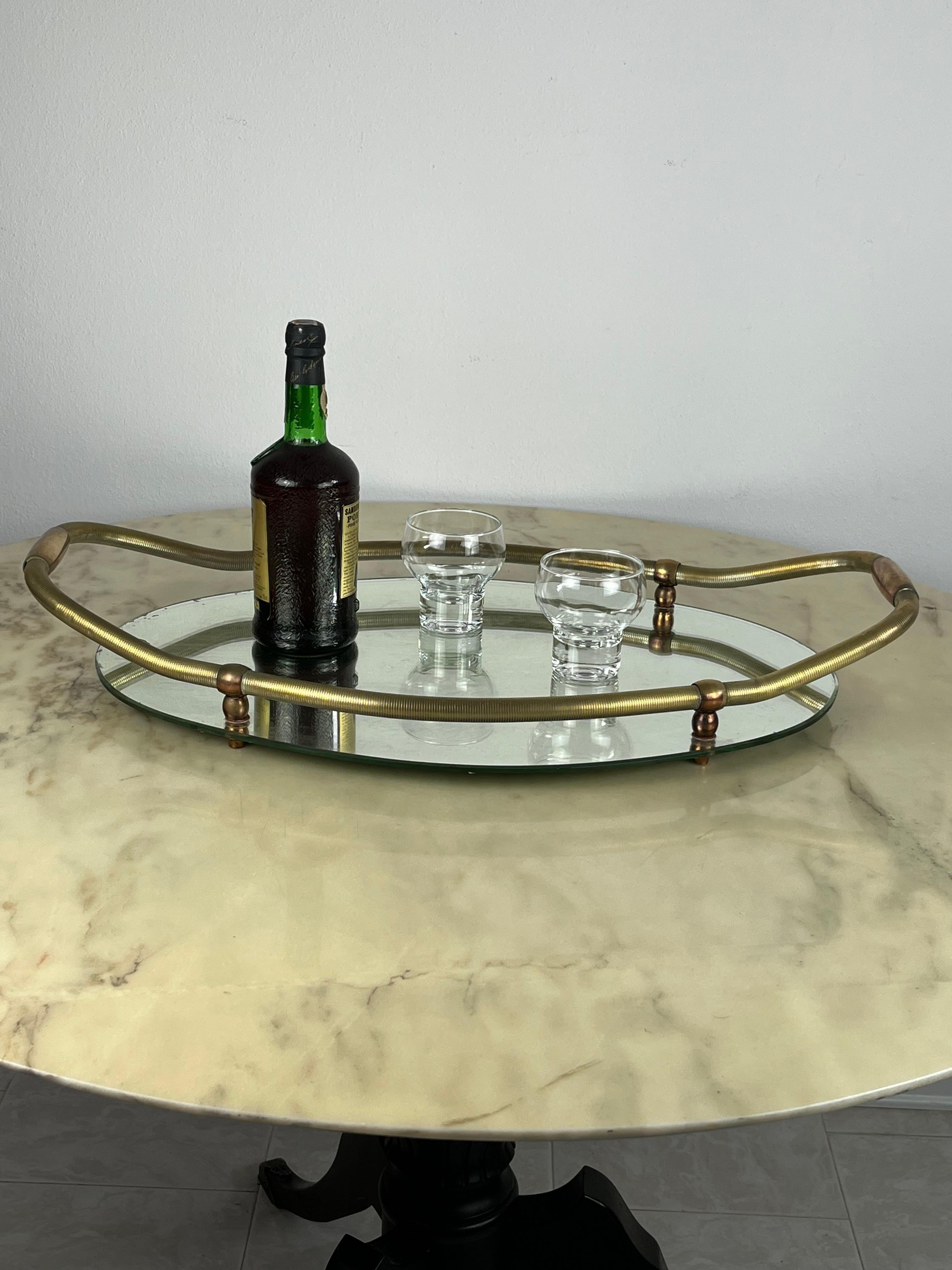 Other Large Oval Tray in Brass and Mirror, Italy, 1940s For Sale