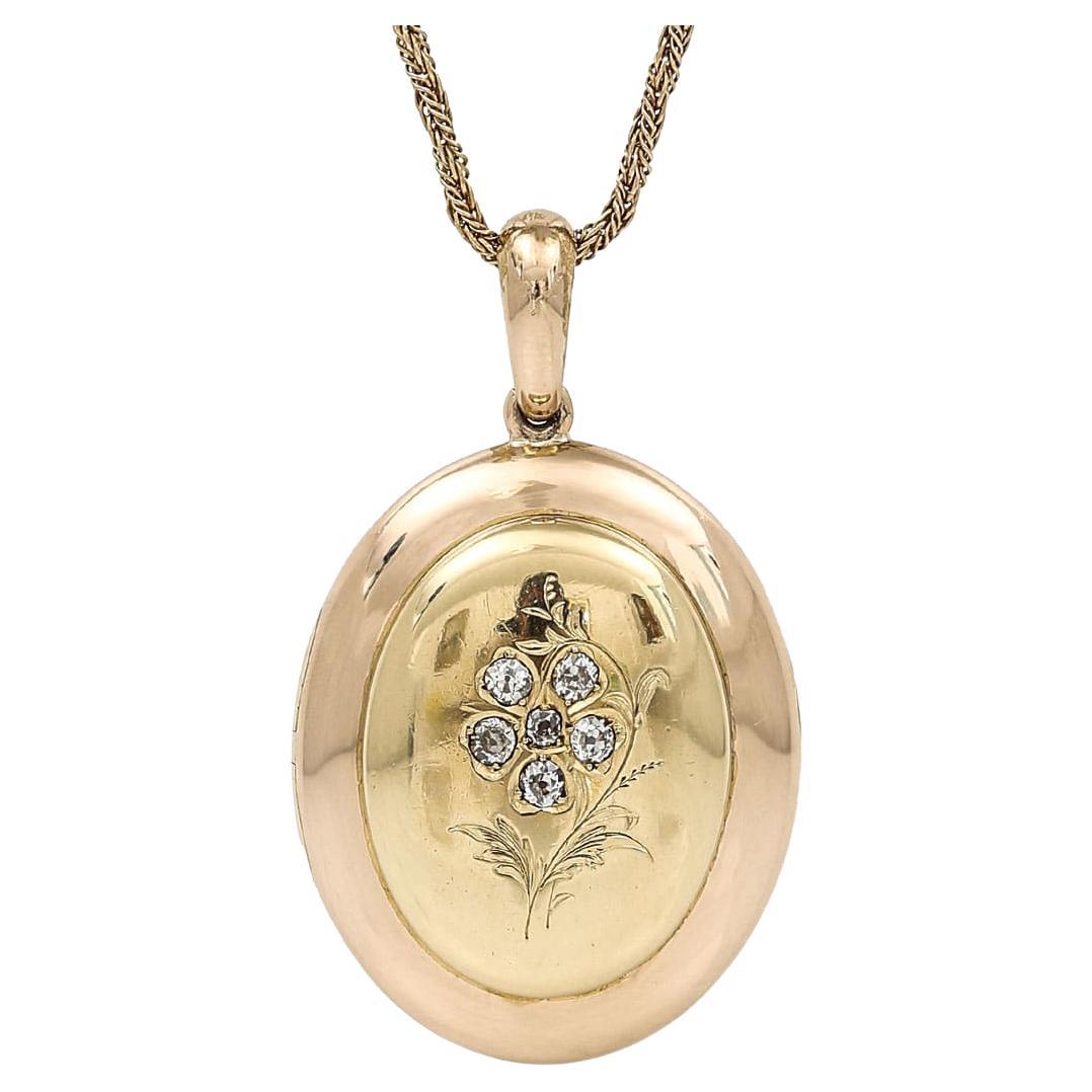 Large Oval Victorian 18ct Gold Forget Me Not Rose Cut Diamond Locket Pendant