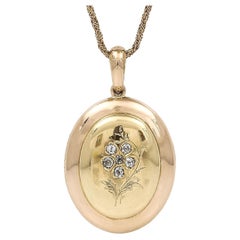 Antique Large Oval Victorian 18ct Gold Forget Me Not Rose Cut Diamond Locket Pendant