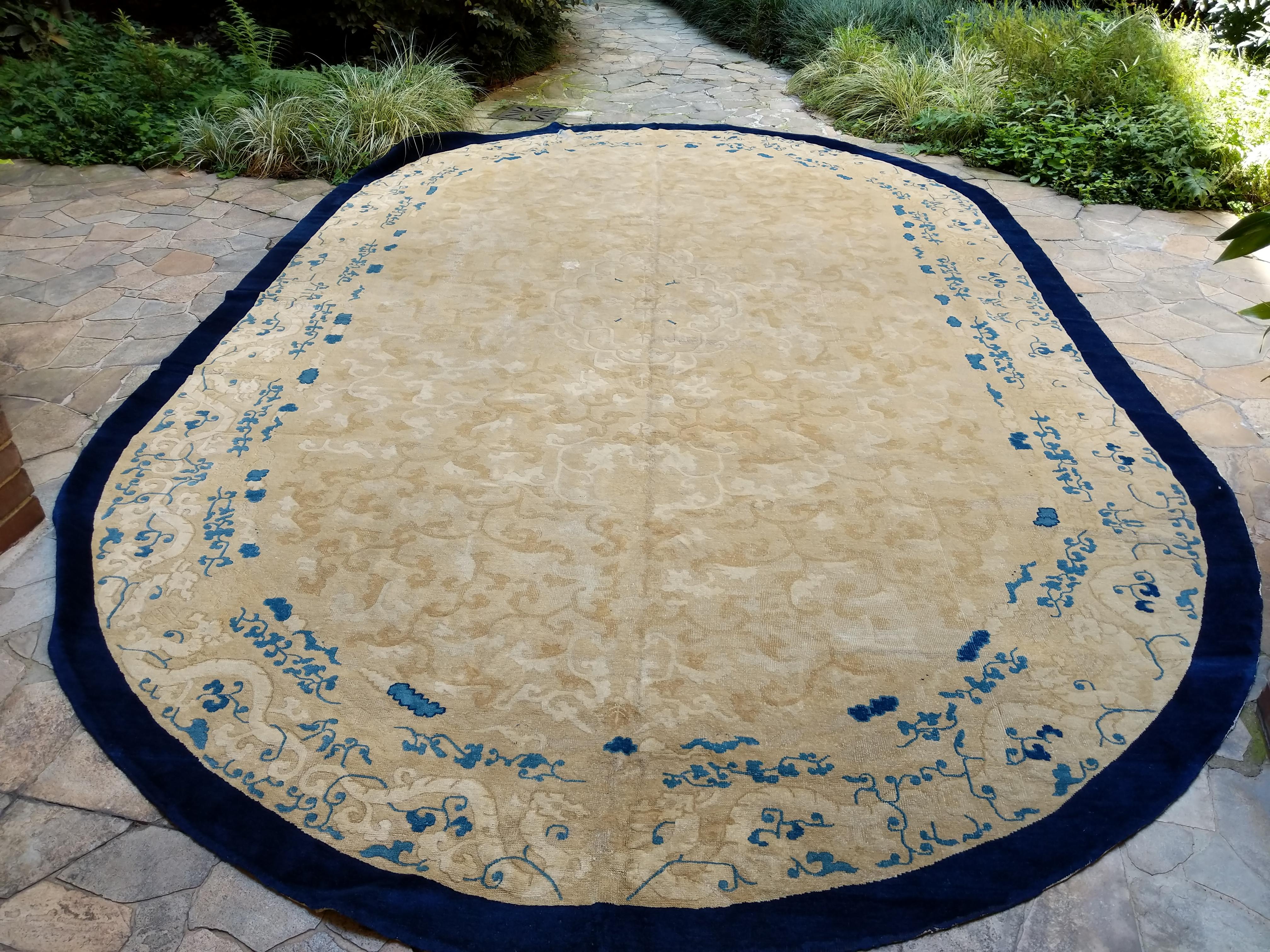 Wool Large Oval Fine Antique Chinese Carpet For Sale
