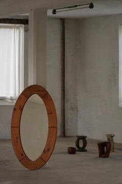 Large Oval Wall Mirror in Solid Pine by Glasmäster Markaryd, Sweden, 1960s
