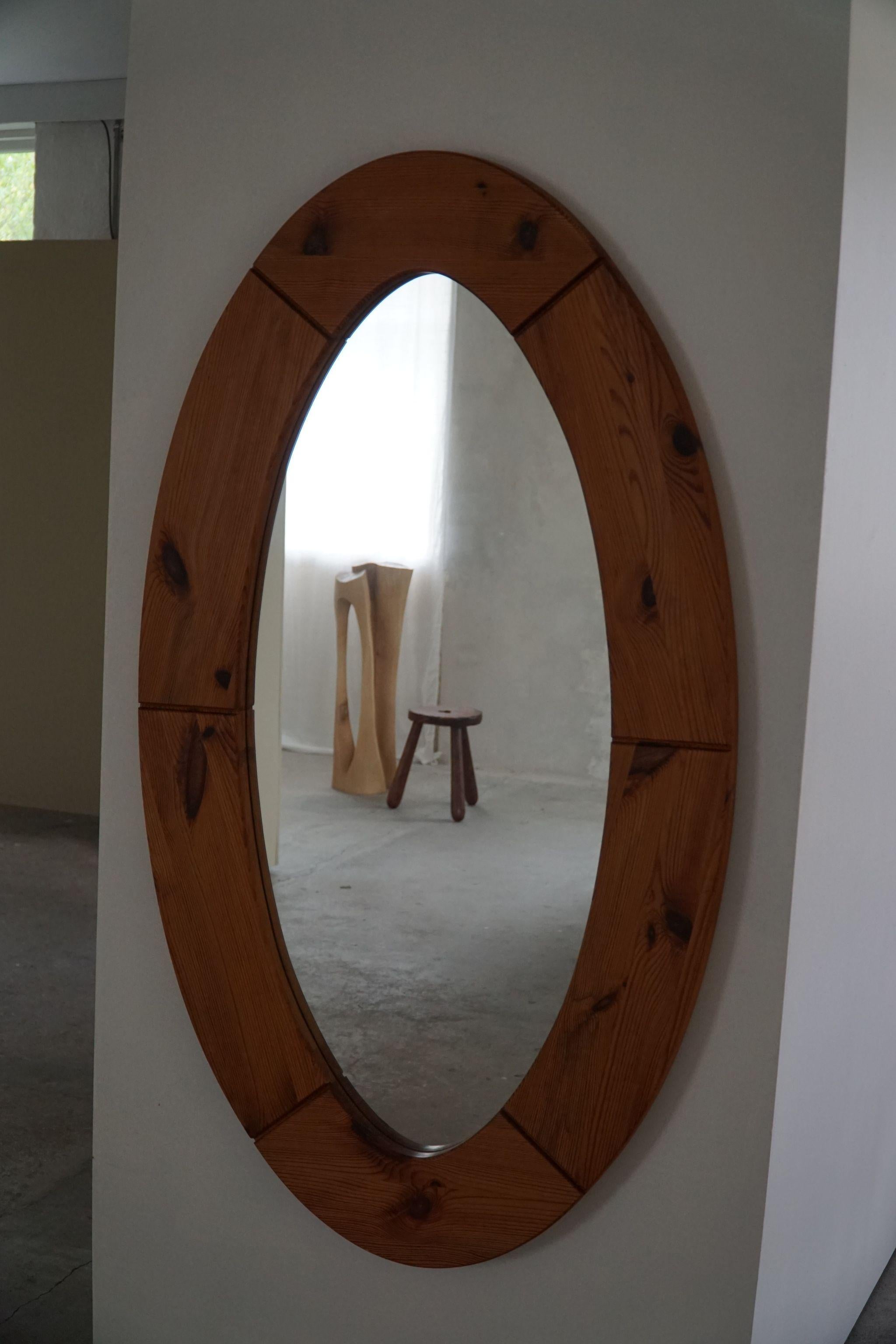 Brutalist Large Oval Wall Mirror in Solid Pine by Glasmäster Markaryd, Sweden, 1960s For Sale