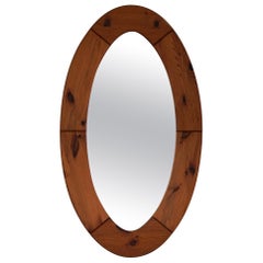 Large Oval Wall Mirror in Solid Pine by Glasmäster Markaryd, Sweden, 1960s