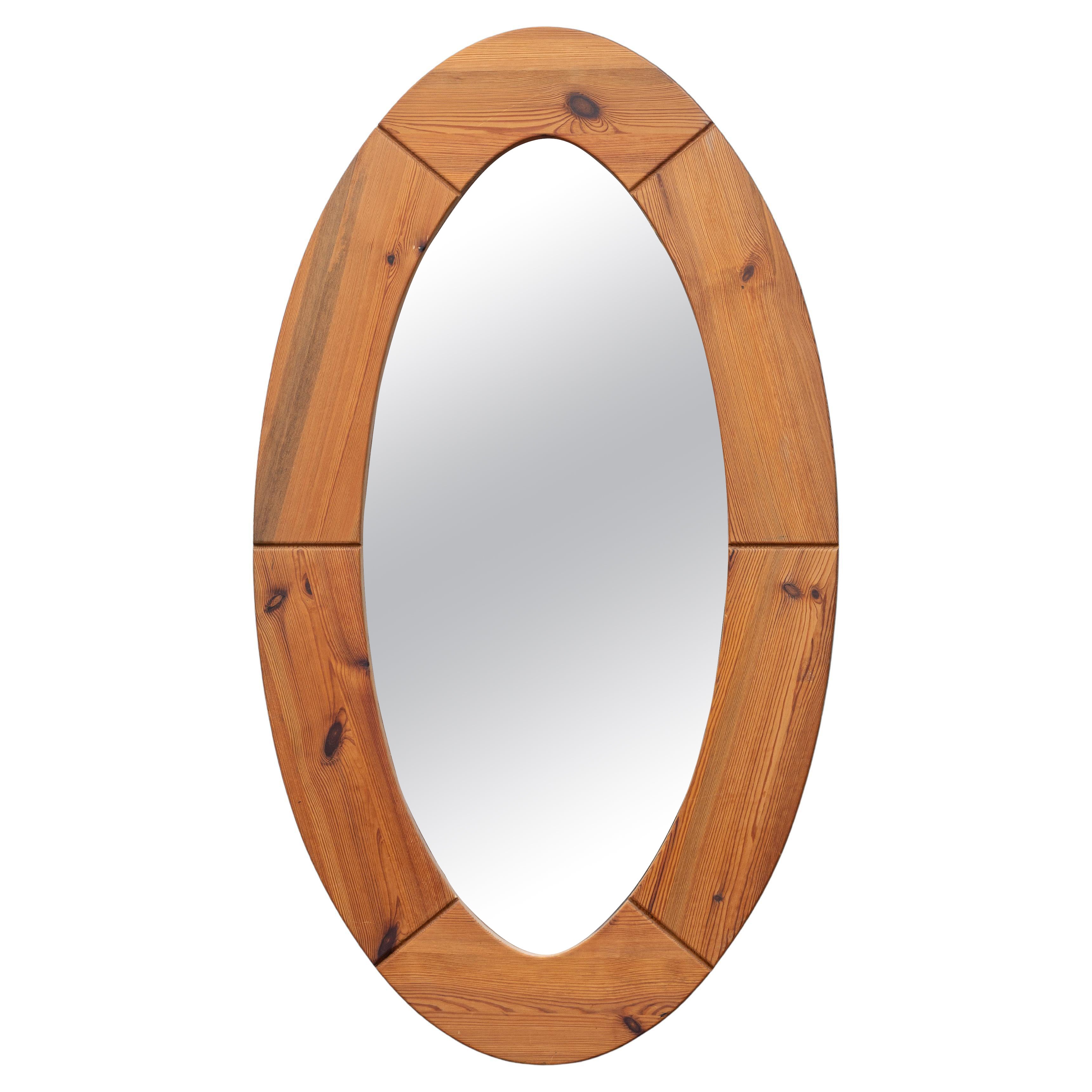 Large Oval Wall Mirror in Solid Pine by Glasmäster Markaryd, Sweden