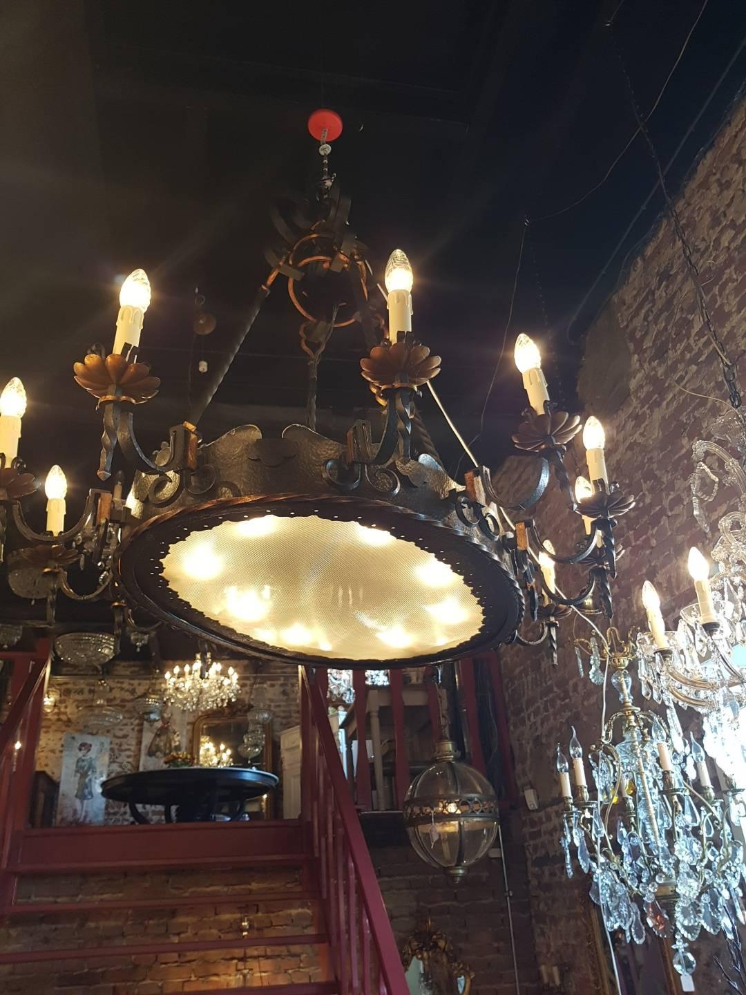20th Century Large Oval Wrought Iron Castle Chandelier with 20 Lights For Sale