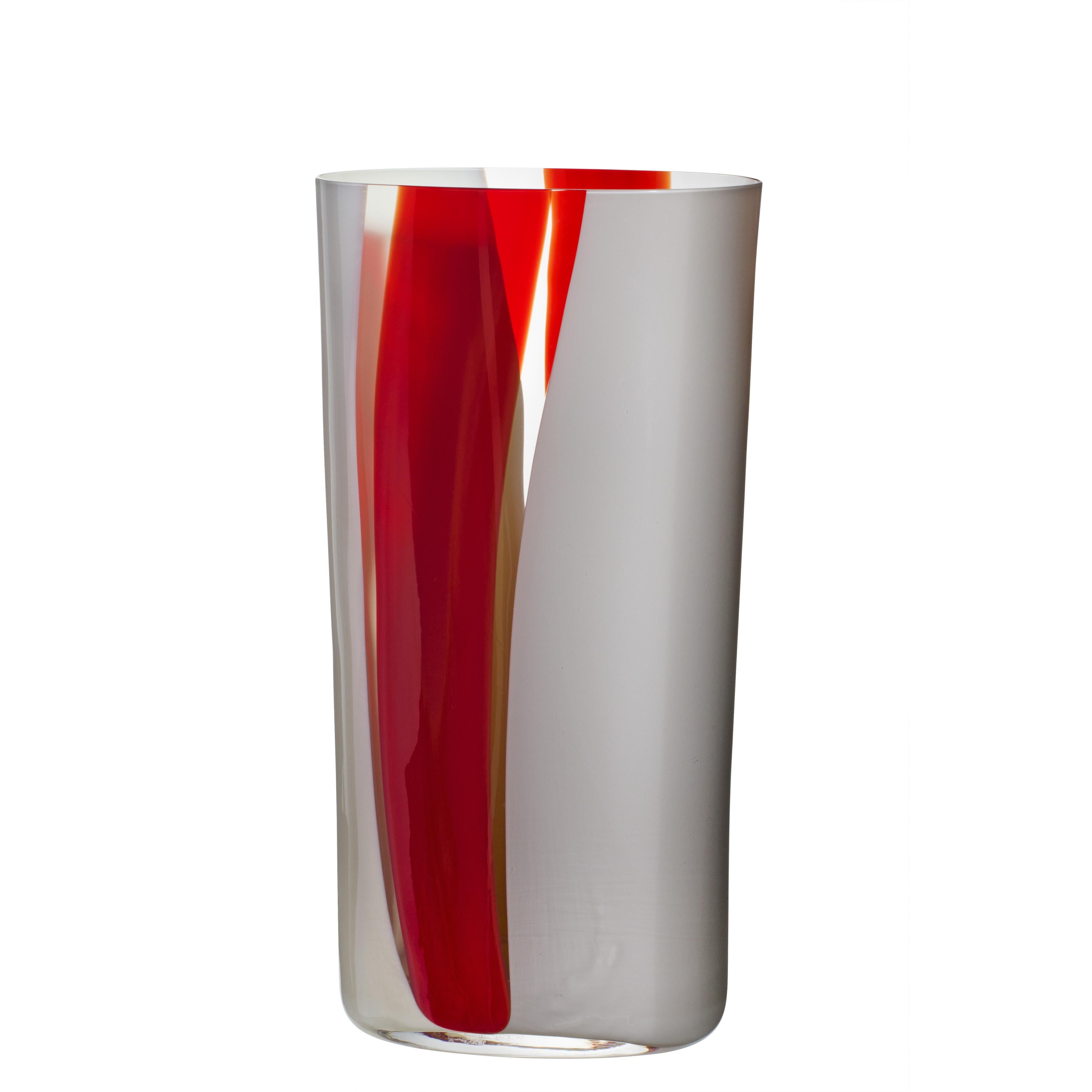 Grand vase ovale rouge, blanc et gris par Carlo Moretti