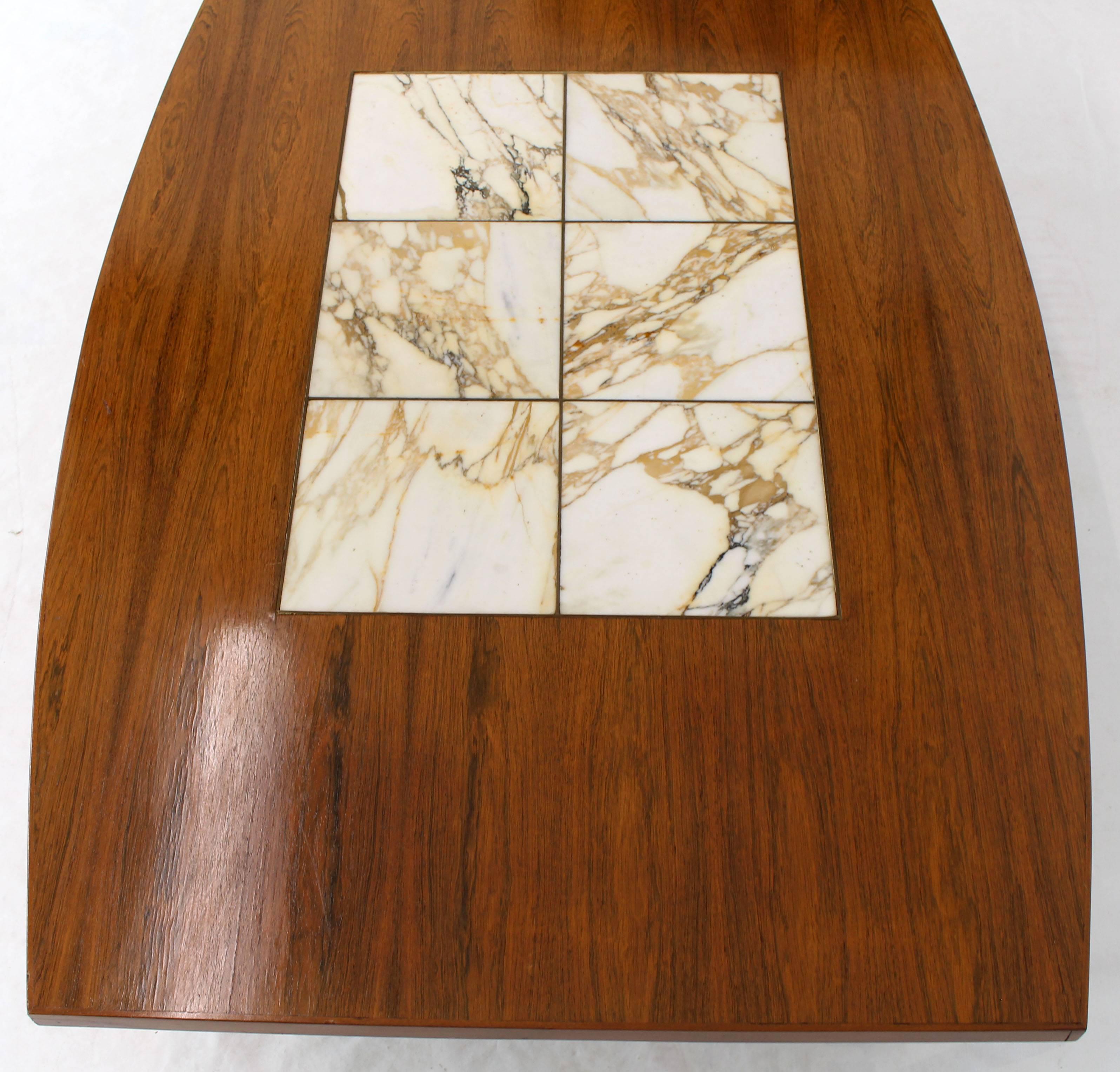 Large Oversize Boat Shape Rosewood & Walnut Coffee Table Brass Inlay Marble Tile For Sale 6