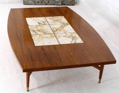 Large Oversize Boat Shape Rosewood & Walnut Coffee Table Brass Inlay Marble Tile