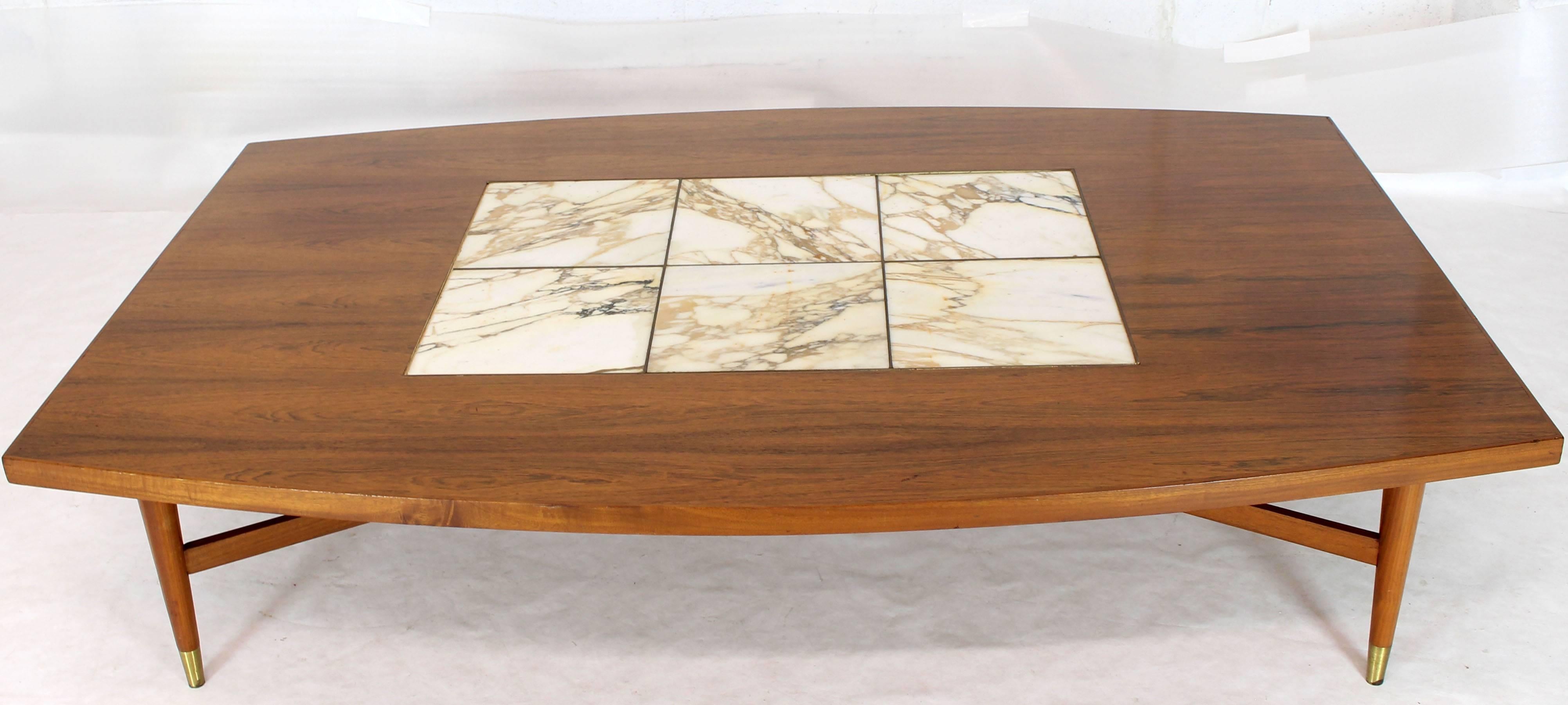 American Large Oversize Boat Shape Rosewood & Walnut Coffee Table Brass Inlay Marble Tile For Sale
