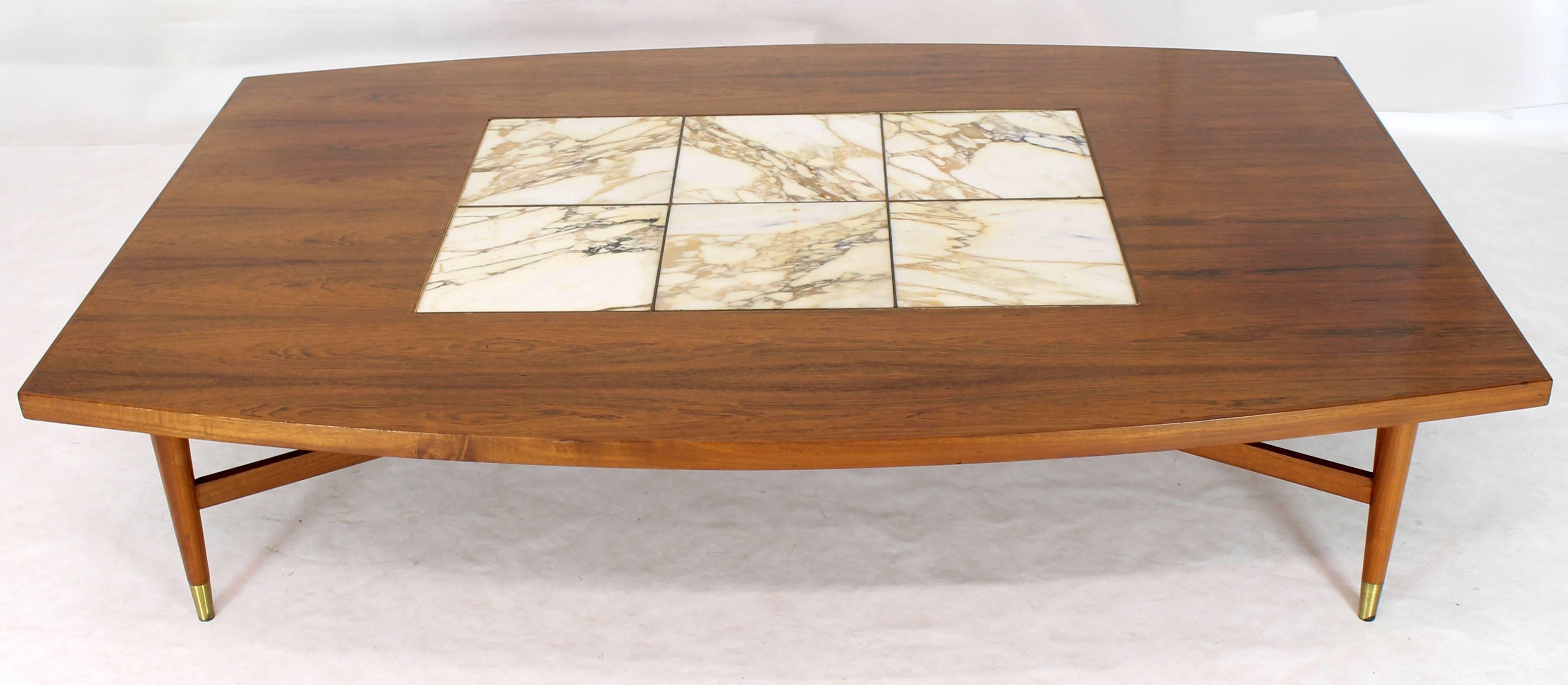 Large Oversize Boat Shape Rosewood & Walnut Coffee Table Brass Inlay Marble Tile In Good Condition For Sale In Rockaway, NJ