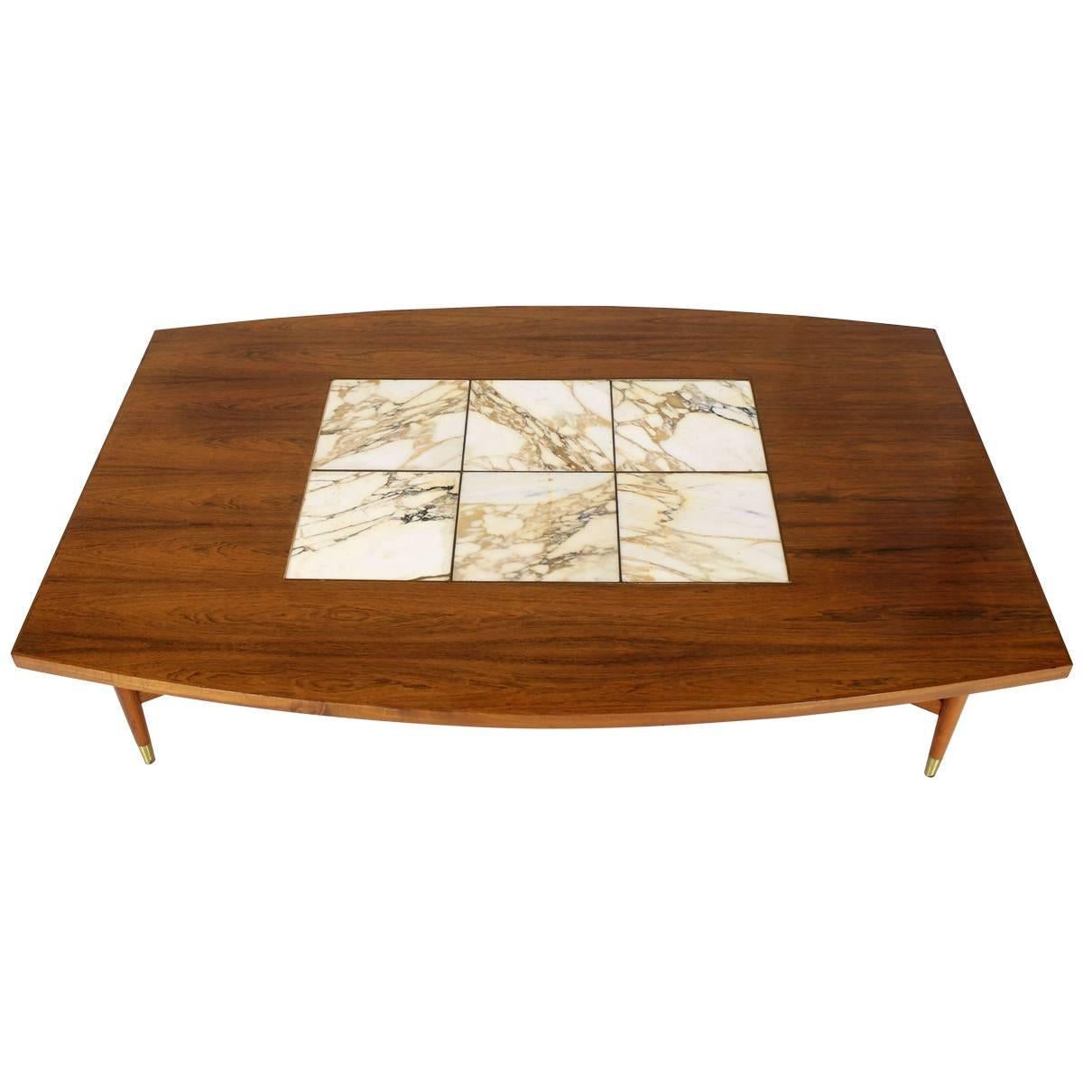 Large Oversize Boat Shape Rosewood & Walnut Coffee Table Brass Inlay Marble Tile For Sale