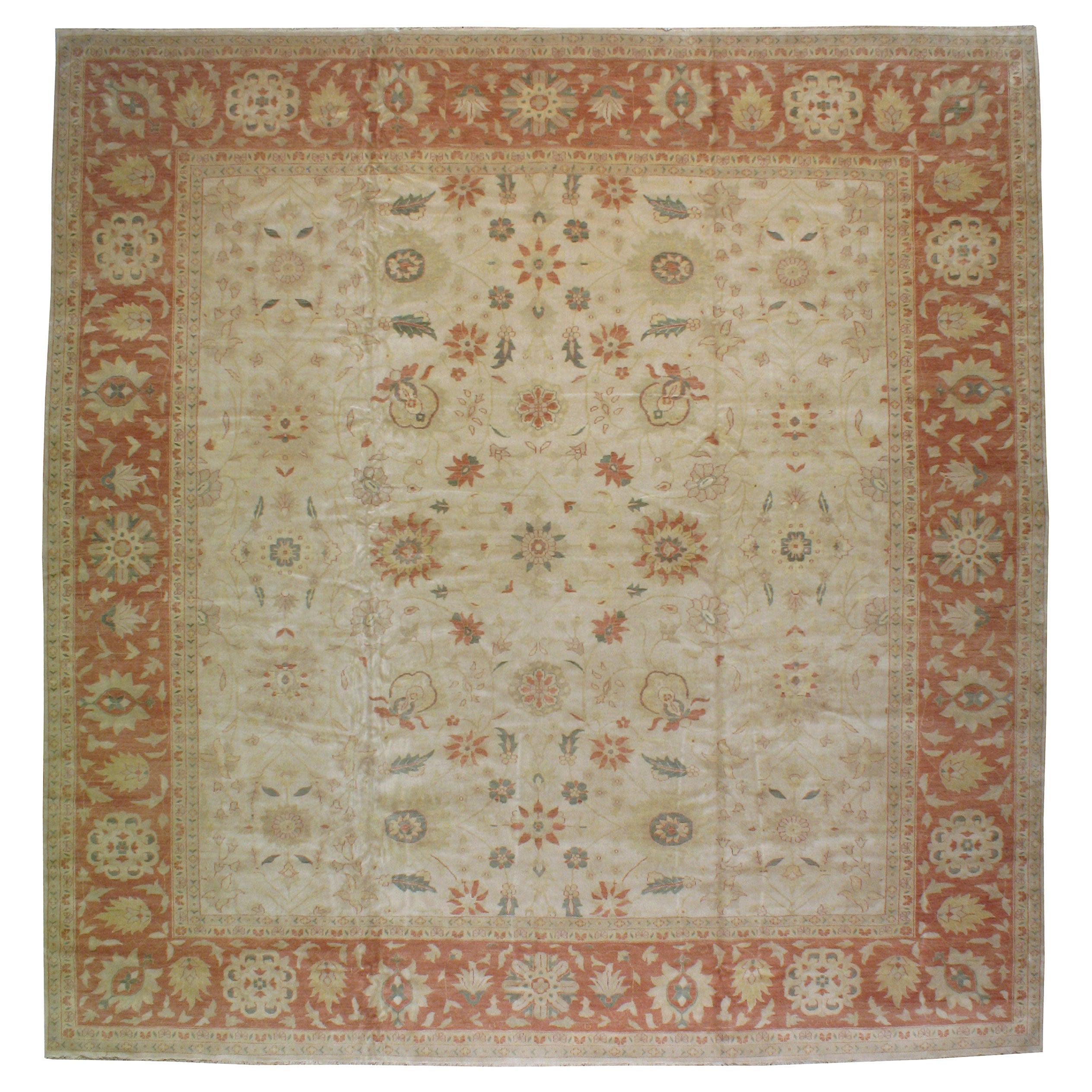 Large Oversize Square Ivory Beige Green Oushak Style Sultanabad Design Rug For Sale