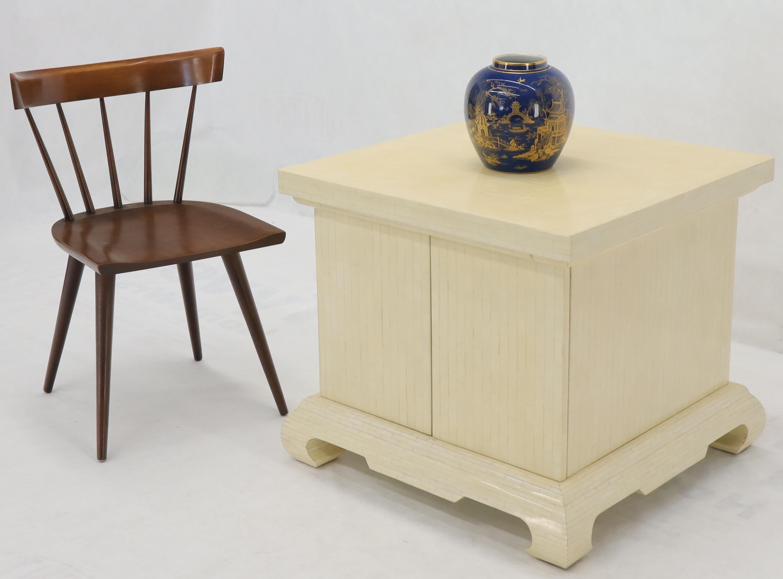 Mid-Century Modern tessellated bone decorated large square end side table cabinet with two doors air to Enrique Garcel.
