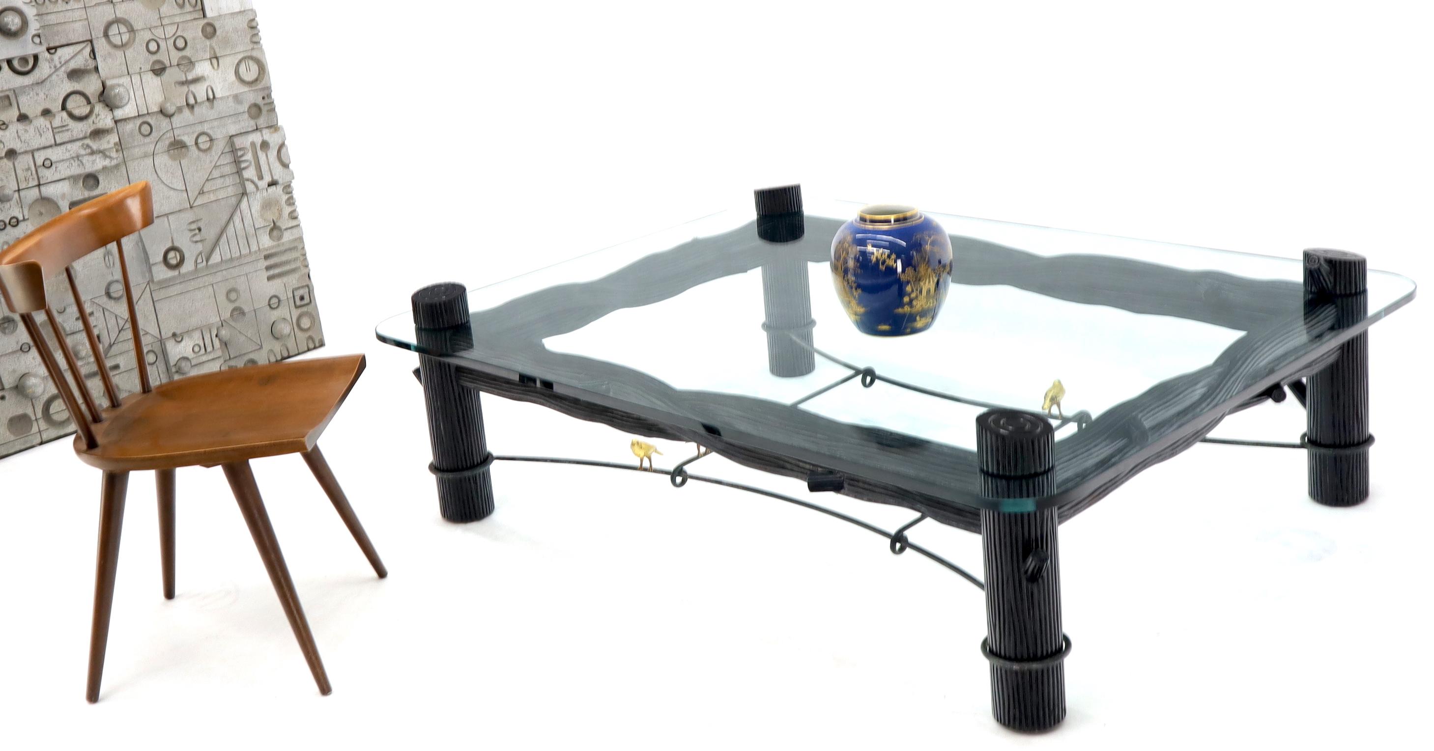Large Oversize Thick Glass Top Rectangle Coffee Table with Singing Birds For Sale 2