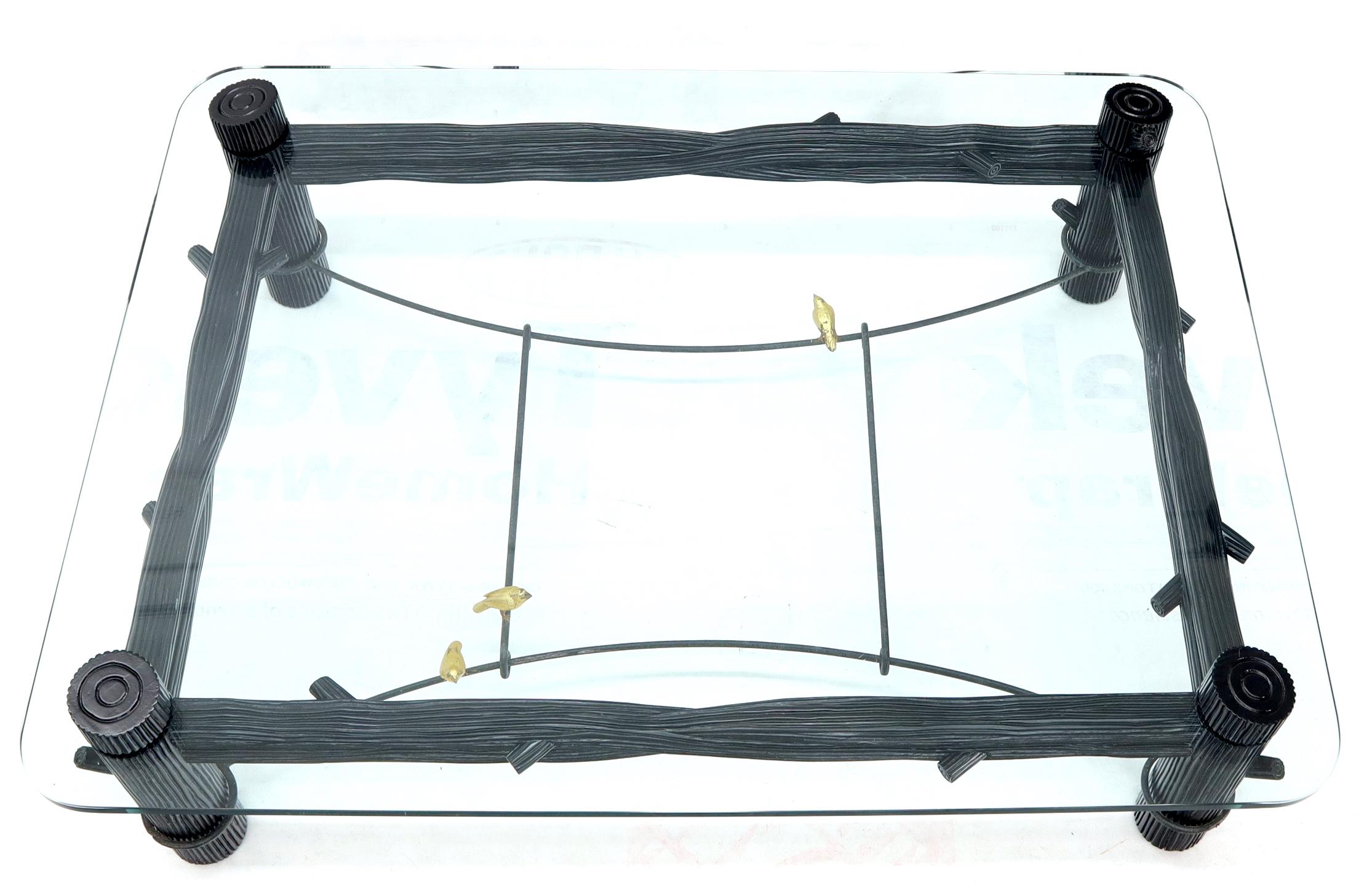 American Large Oversize Thick Glass Top Rectangle Coffee Table with Singing Birds For Sale