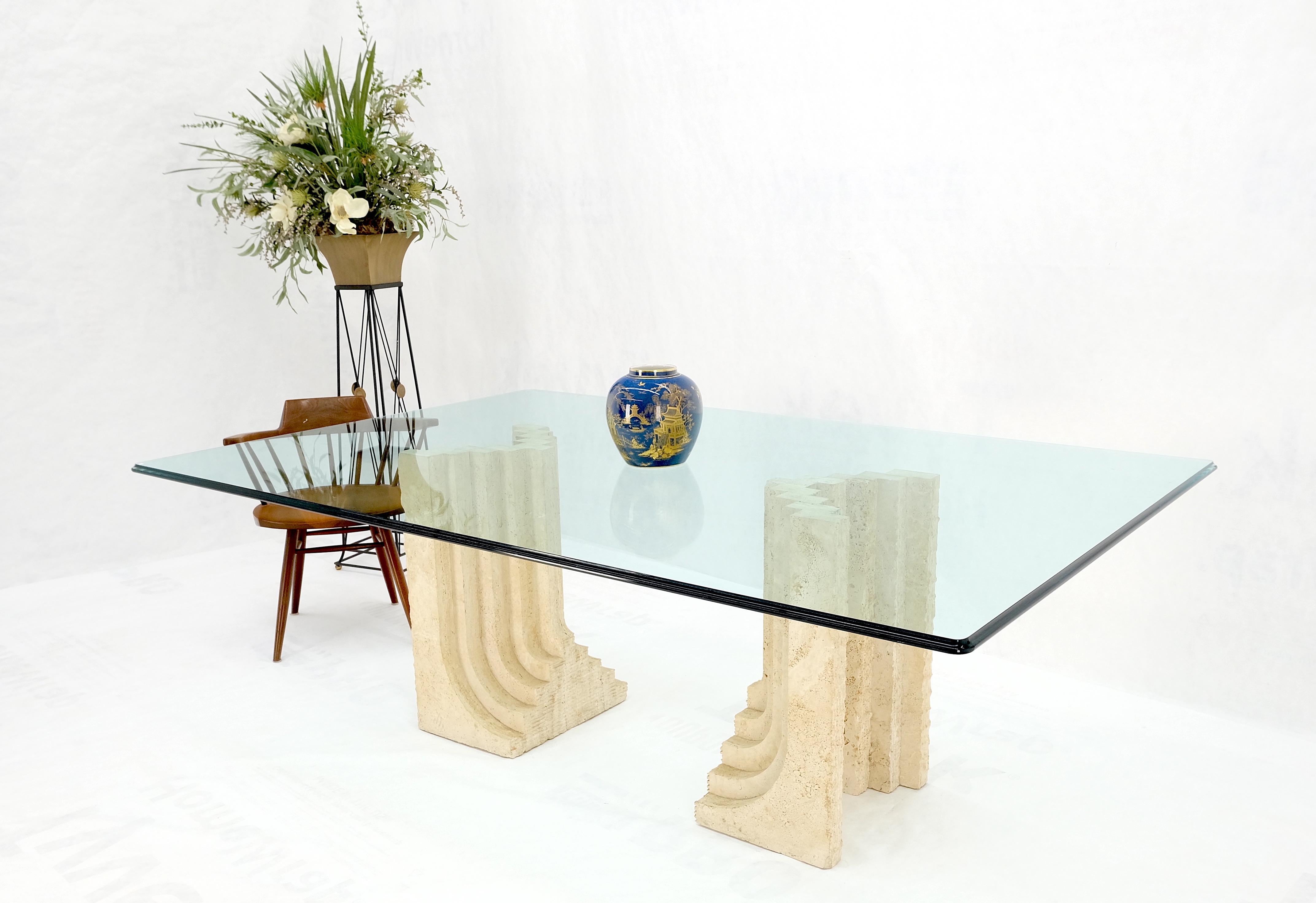 Large Oversize Wide Rectangle Shape Glass Top Travertine Dining Conference Table For Sale 4