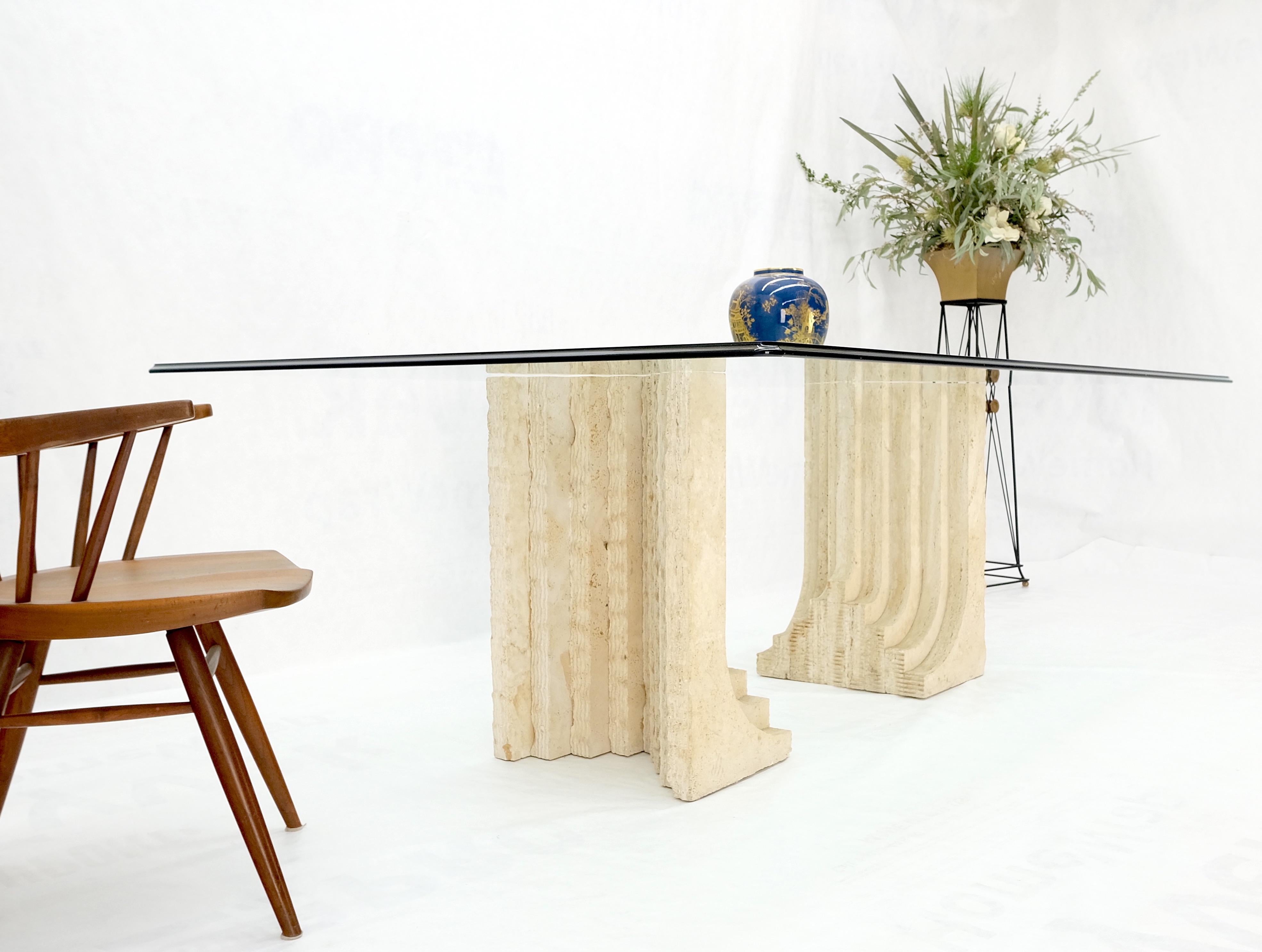 Large Oversize Wide Rectangle Shape Glass Top Travertine Dining Conference Table For Sale 1