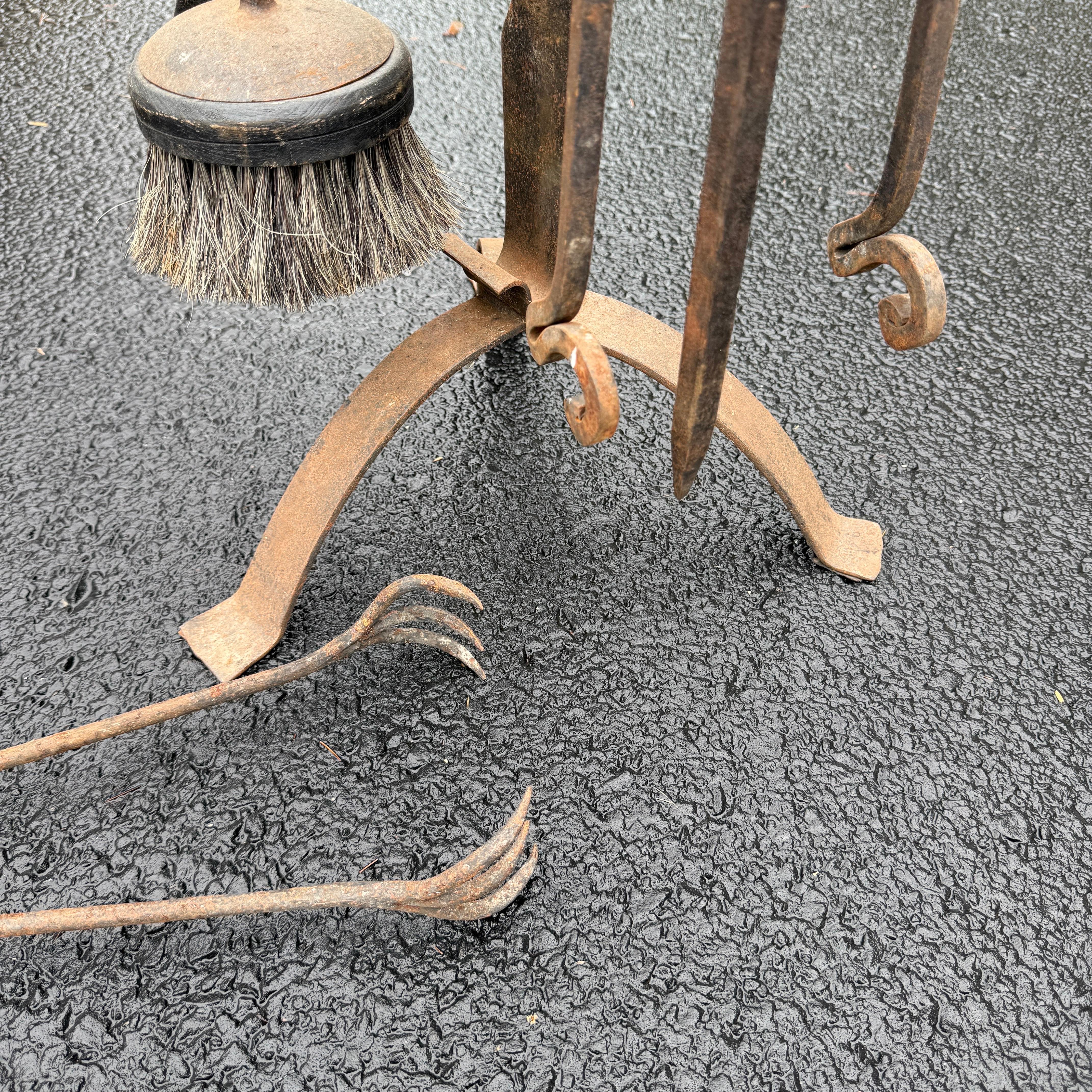 Large Oversized 5 Piece Estate Iron Fireplace Fire Tools For Sale 3