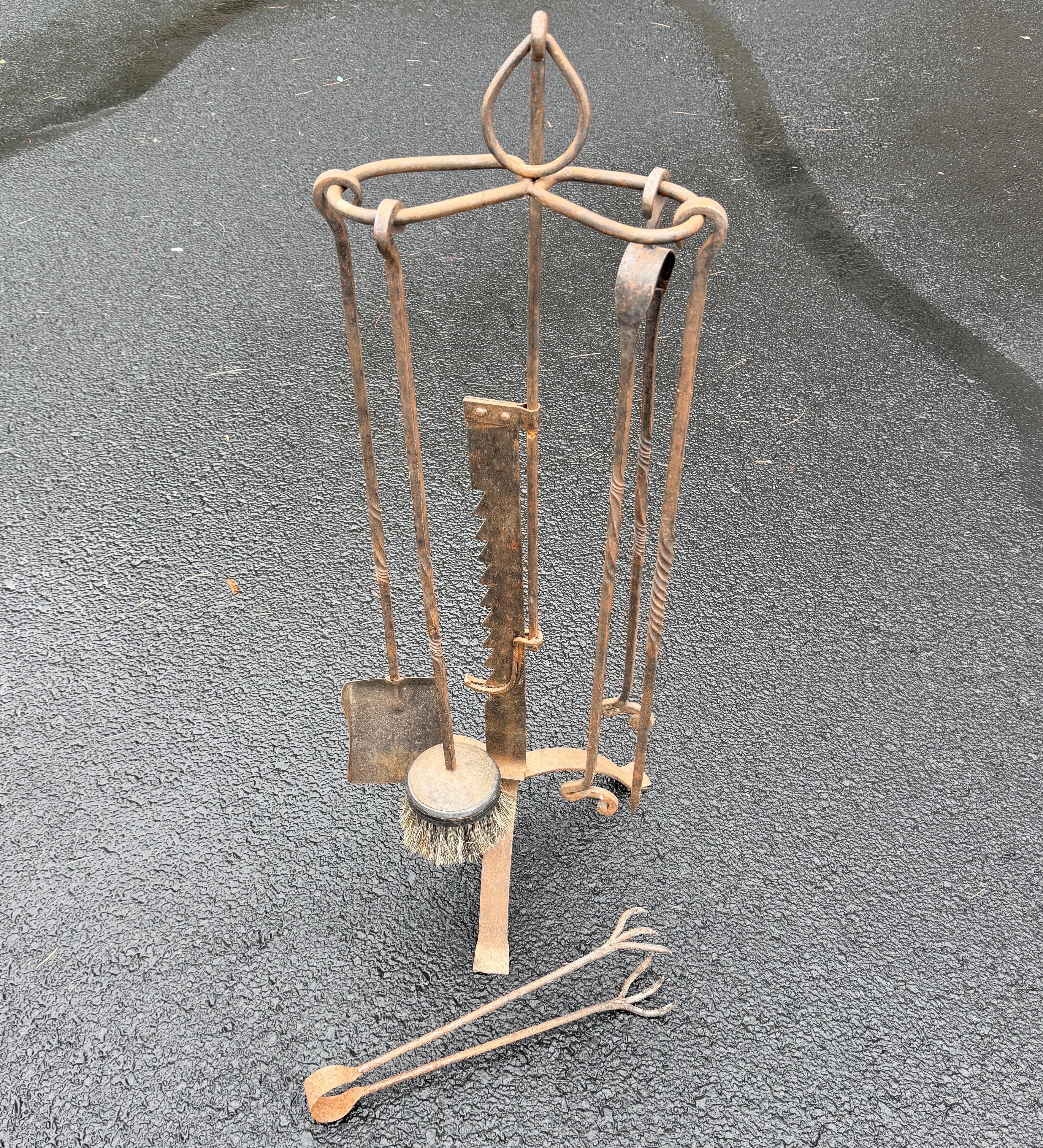 Large Oversized 5 Piece Estate Iron Fireplace Fire Tools For Sale 7