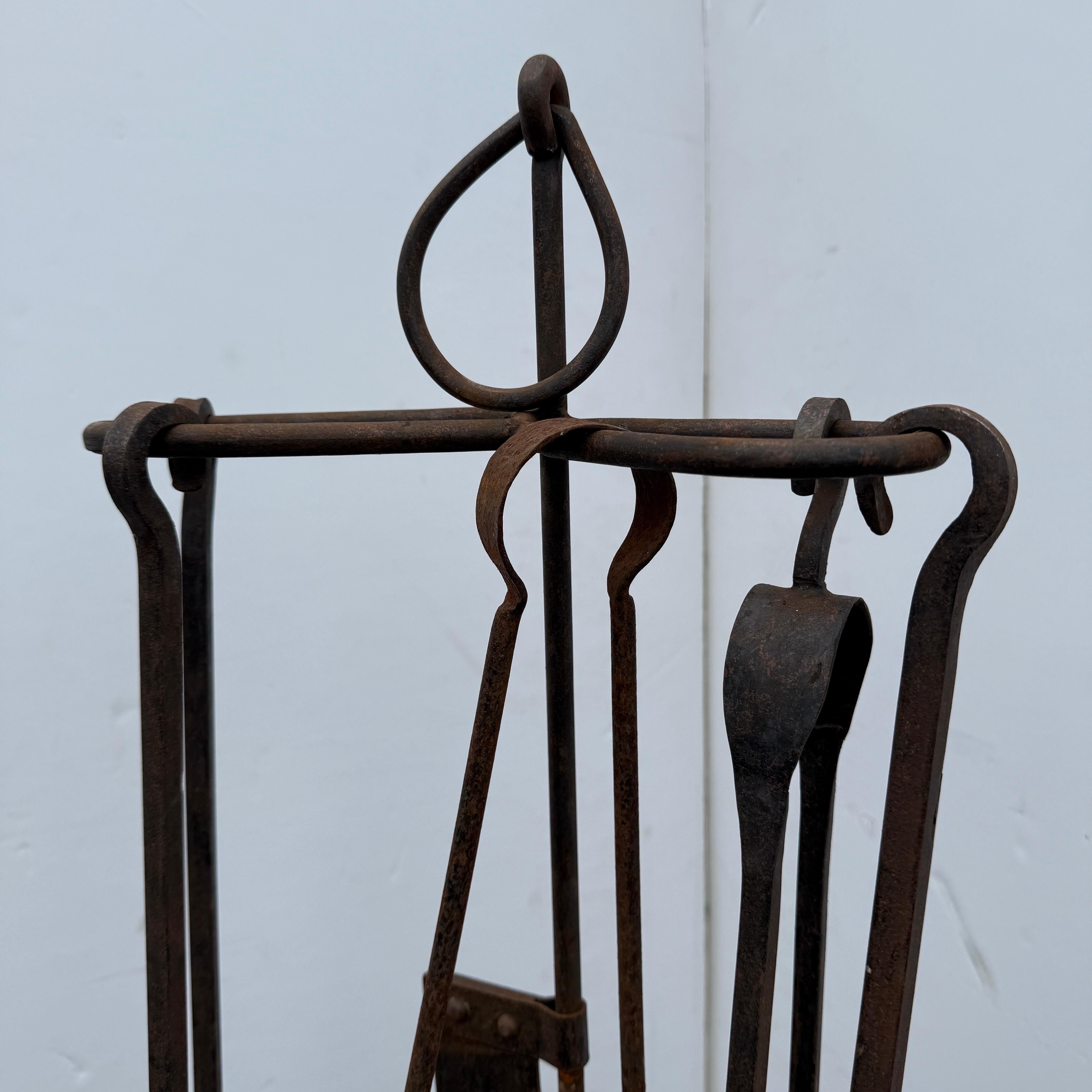 European Large Oversized 5 Piece Estate Iron Fireplace Fire Tools For Sale