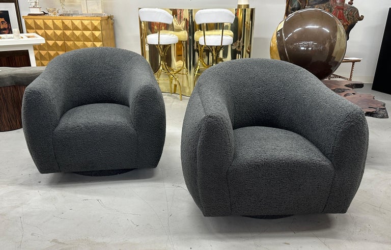 Large Oversized A. Rudin Barrel Swivel Chairs Reupholstered In Good Condition For Sale In Palm Springs, CA