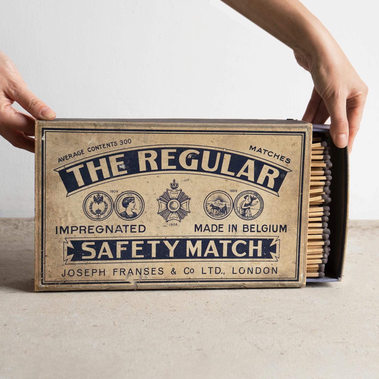 VINTAGE ADVERTISING FOR ‘THE REGULAR IMPREGNATED SAFETY MATCH, JOSEPH FRANSES & CO LTD., LONDON’. 

A very large oversized maxbox and its contents, originally made as a shop advertising piece. 

Unusually, this example is full of its original