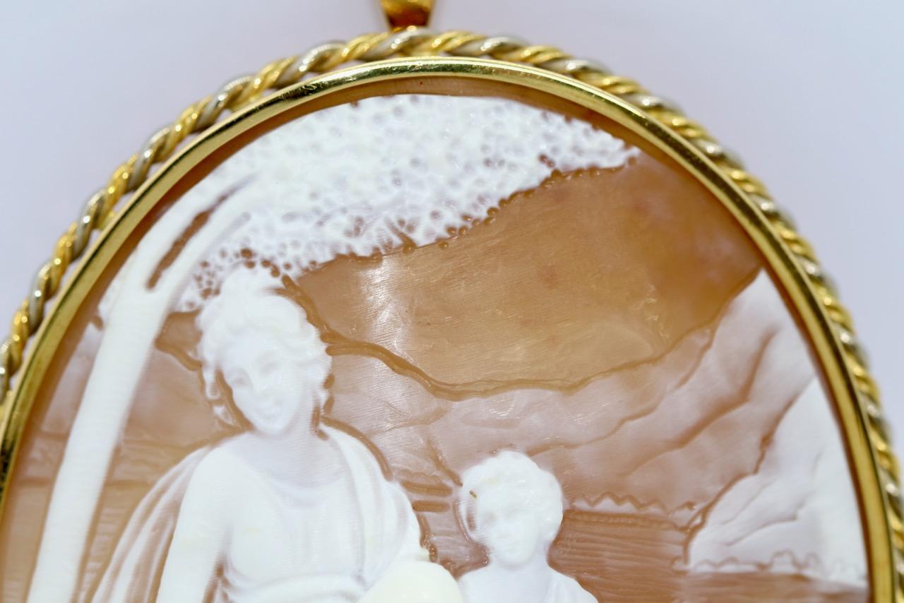 Baroque Revival Large Oversized Cameo Brooch, Pendant, 18 Karat Gold For Sale