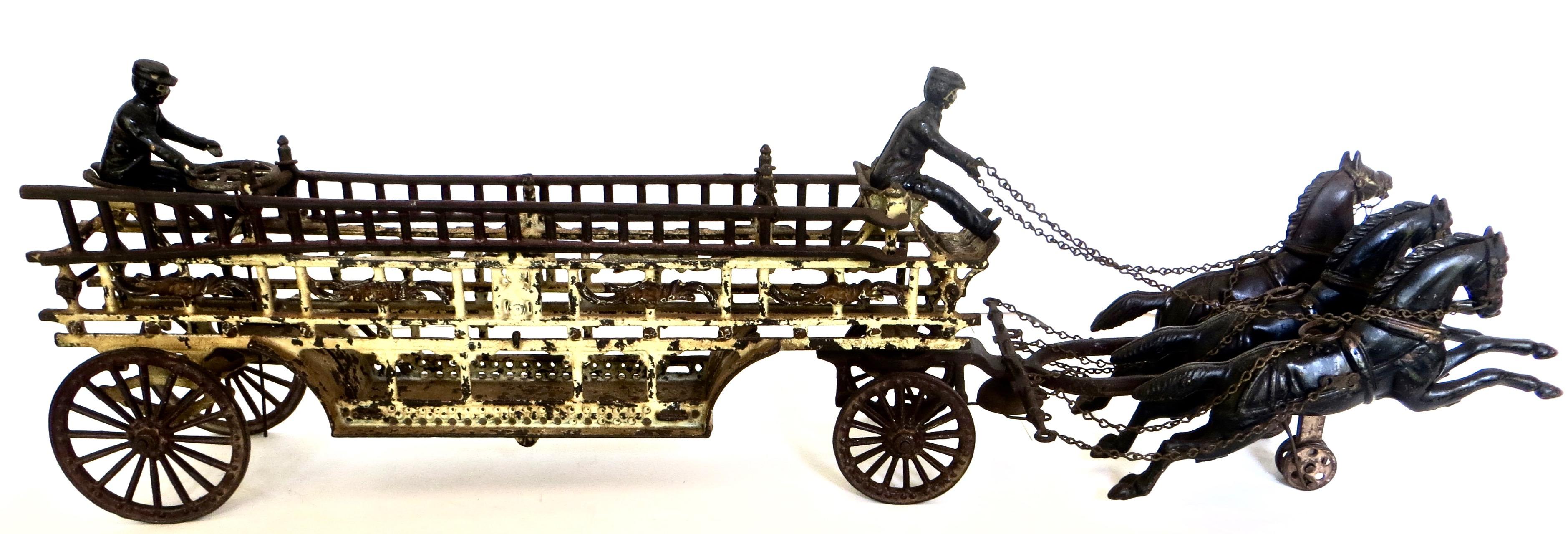 Large cast iron, horse drawn fire toys (referred to as oversized) are much sought after by collectors. The piece becomes more in demand when it is all original, because of the abuse that would have occurred from rough play. Over the years the cast