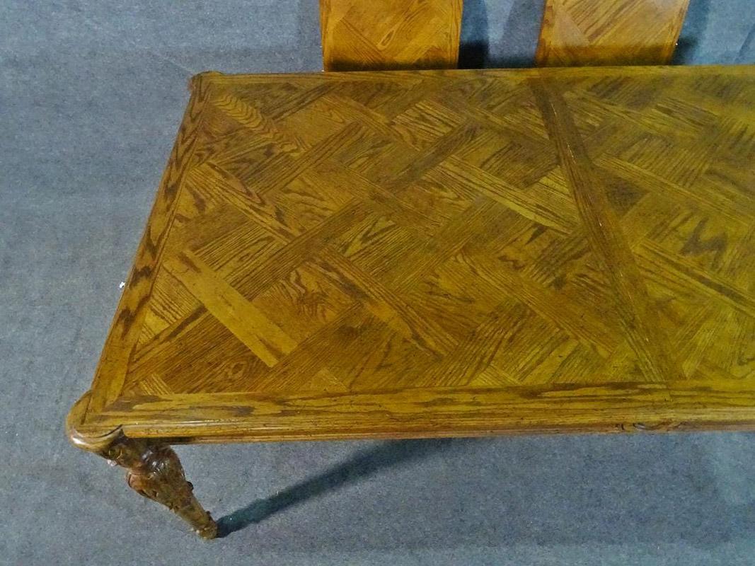 Large Oversized Oak Parquet Top Carved Louis XV Style Dining Table 1