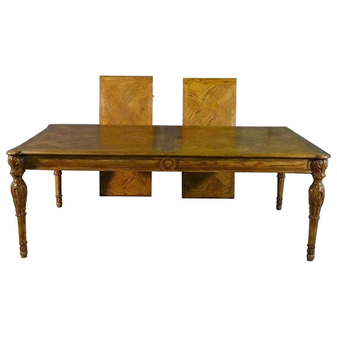 Large Oversized Oak Parquet Top Carved Louis XV Style Dining Table