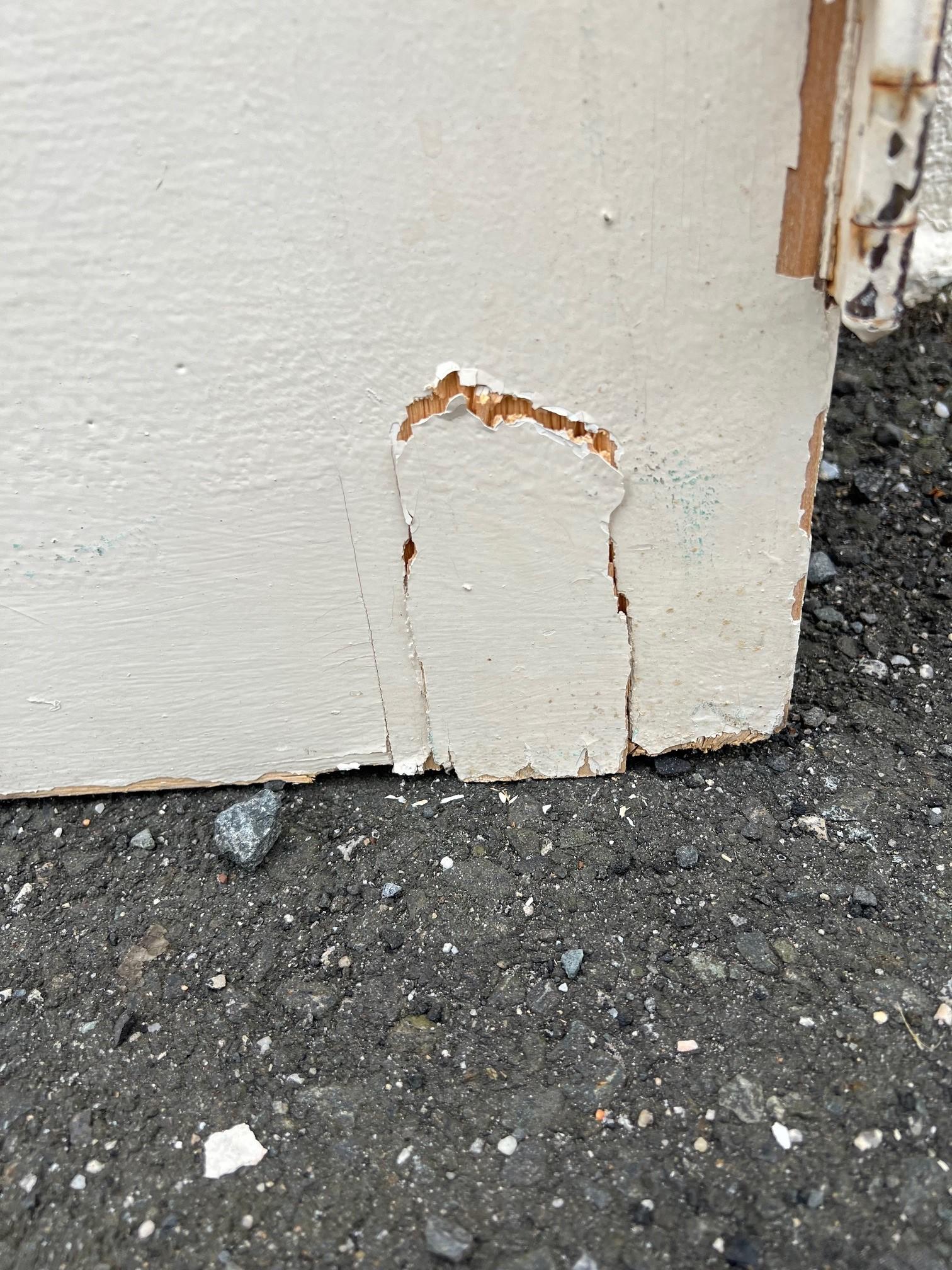 Gran puerta de entrada exterior de cuarterones alzados con herrajes de latón. en venta 14