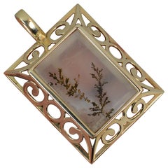 Grand pendentif à panneau de style Art Déco en agate déndritique et or 9 carats avec agate discrète