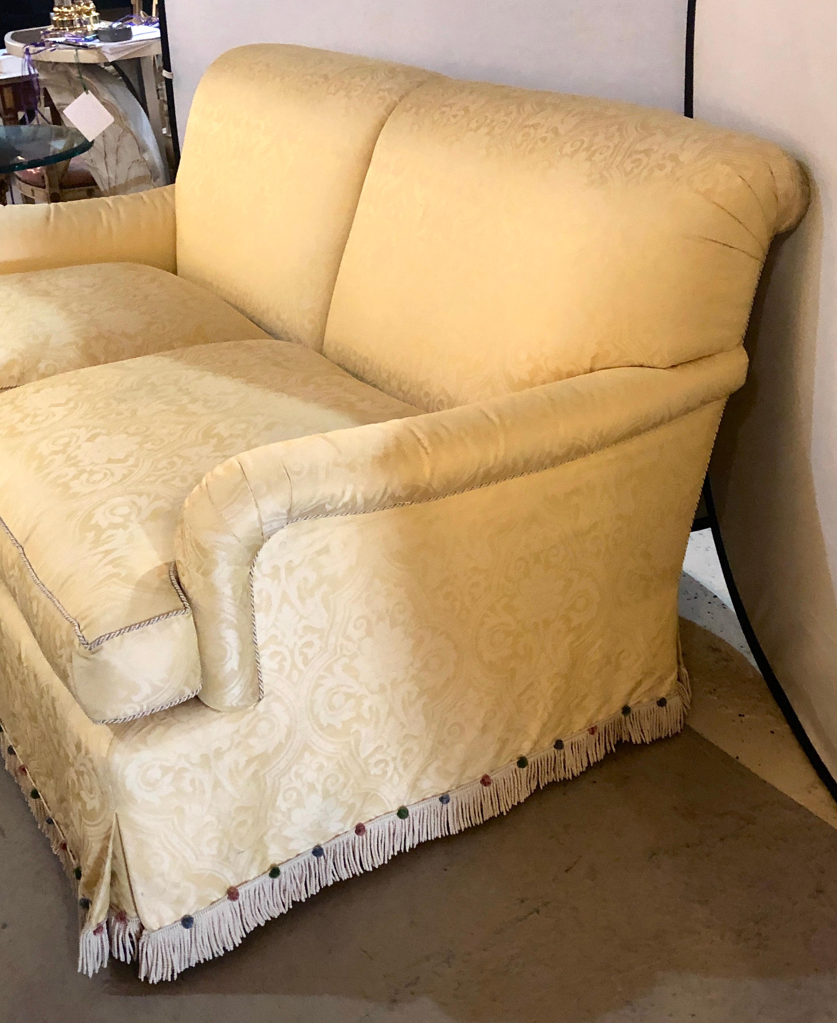Large Overstuffed Settee in Damask Fully Lined Upholstery from O Henry House Ltd In Good Condition In Stamford, CT