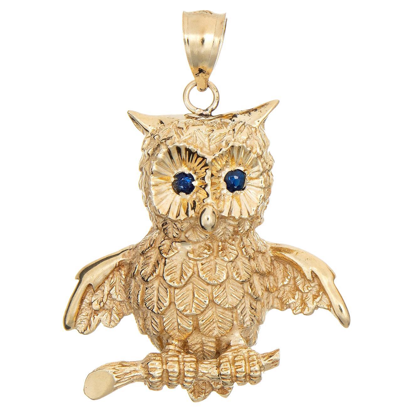 Large Owl Pendant Vintage 14k Yellow Gold Sapphire Eyes Fine Estate Jewelry