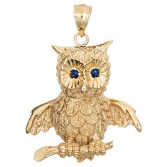 Large Owl Pendant Retro 14k Yellow Gold Sapphire Eyes Fine Estate Jewelry