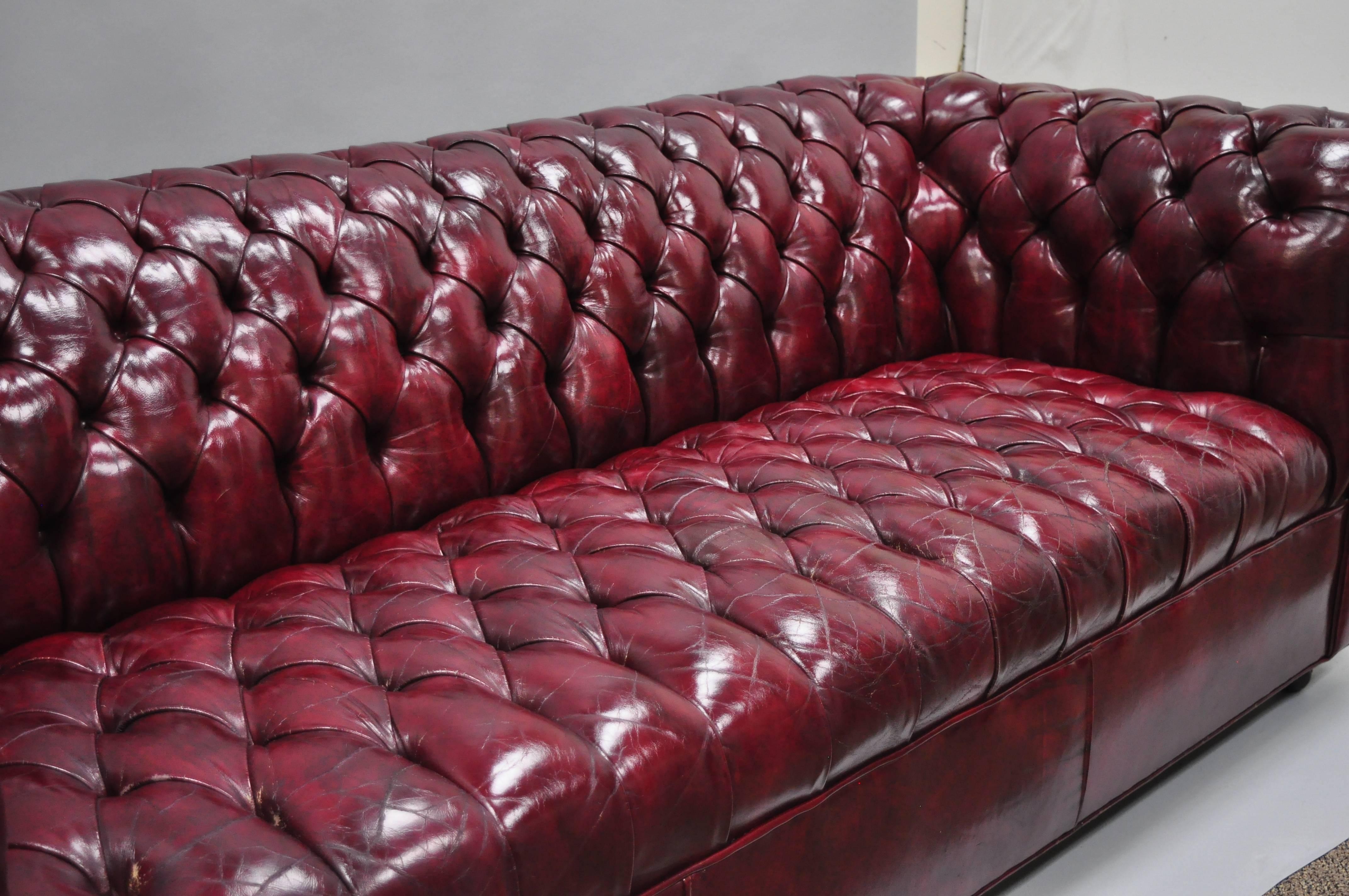 Large Oxblood Burgundy Red Leather Button Tufted Chesterfield Sofa 3