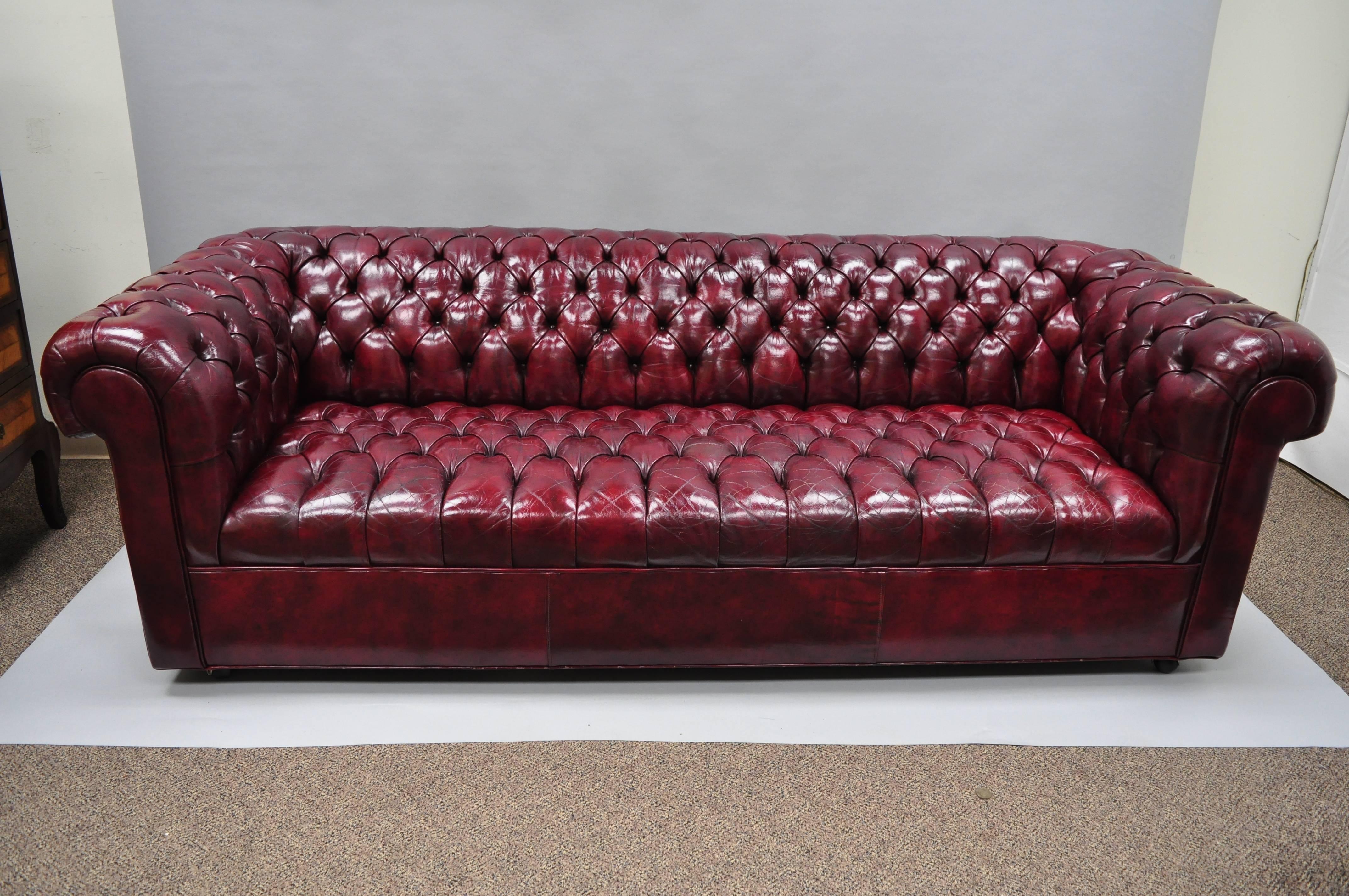 Large Oxblood Burgundy Red Leather Button Tufted Chesterfield Sofa 8