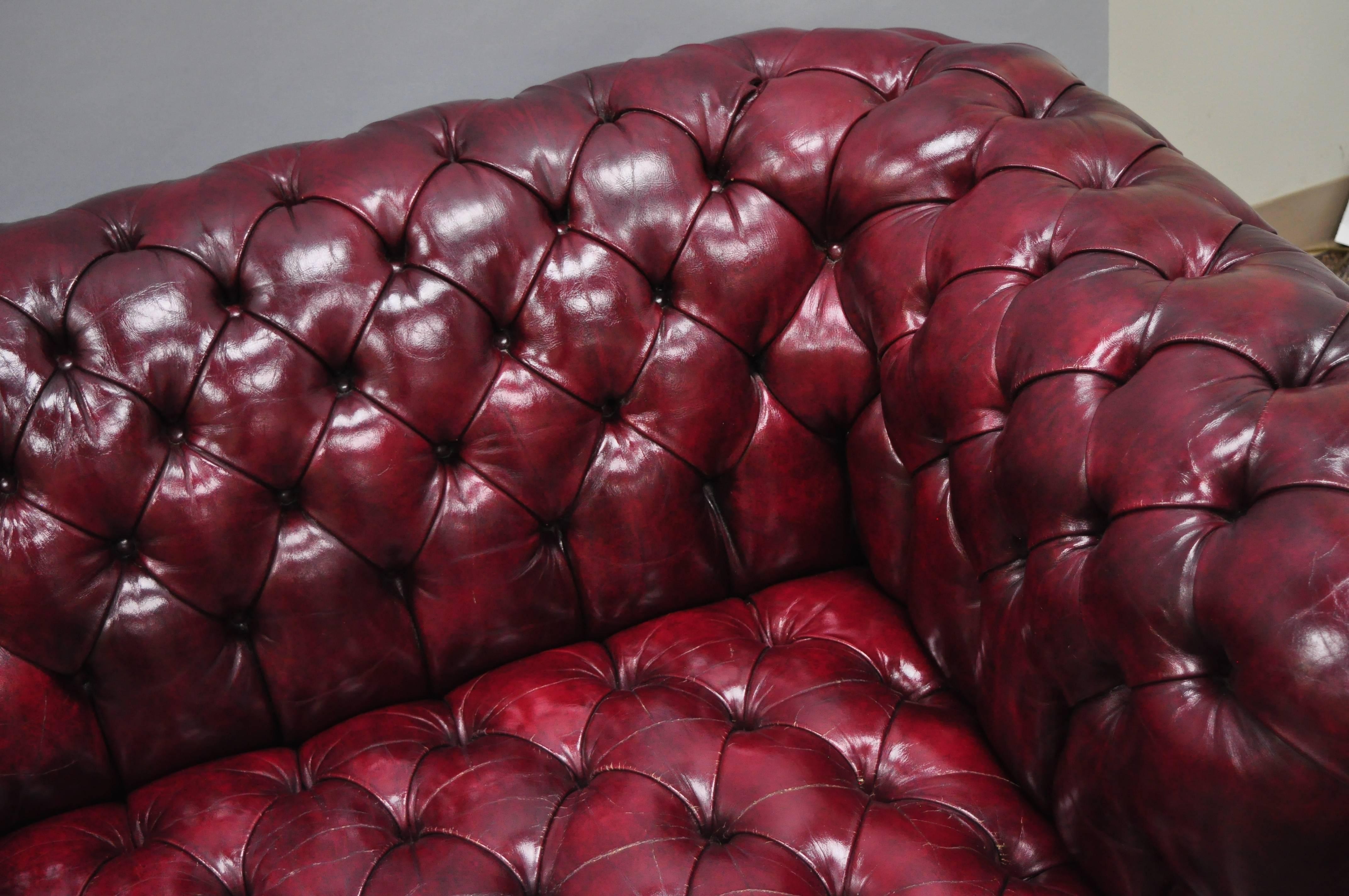 American Large Oxblood Burgundy Red Leather Button Tufted Chesterfield Sofa