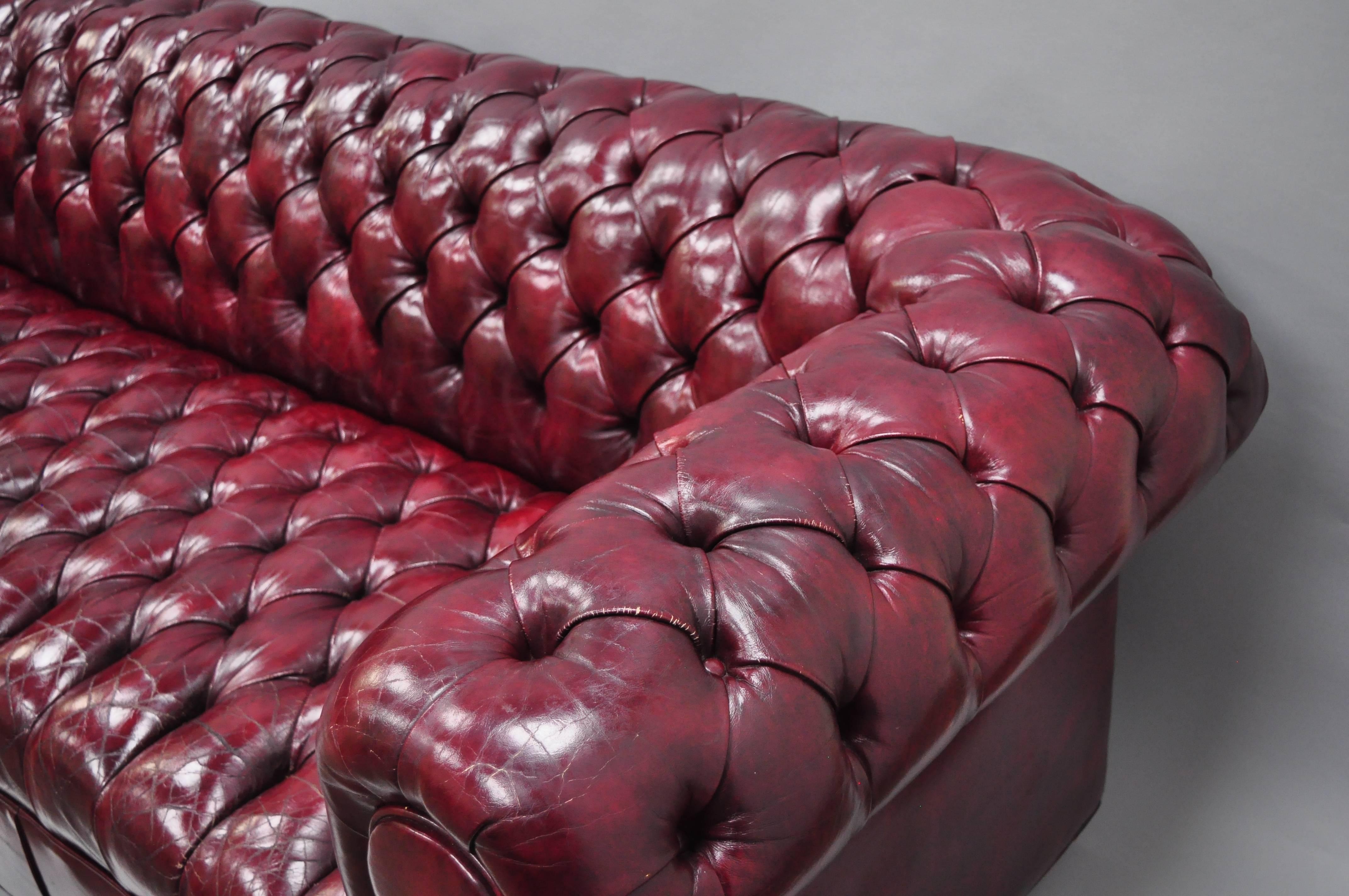 Large Oxblood Burgundy Red Leather Button Tufted Chesterfield Sofa In Good Condition In Philadelphia, PA